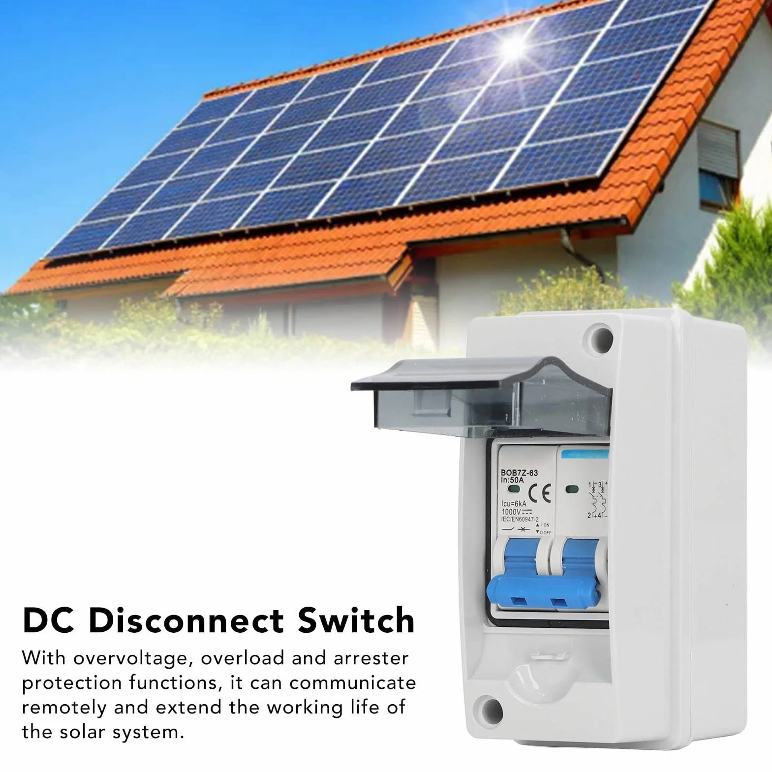 Rozłącznik Solarny, IP65 BOB7Z-63 50A 1000 V DC Przerywacz, Rozłącznik DC do Domu RV, dla Systemu Fotowoltaicznego Solarny System Off-grid System Wytwarzania Energii Słonecznej