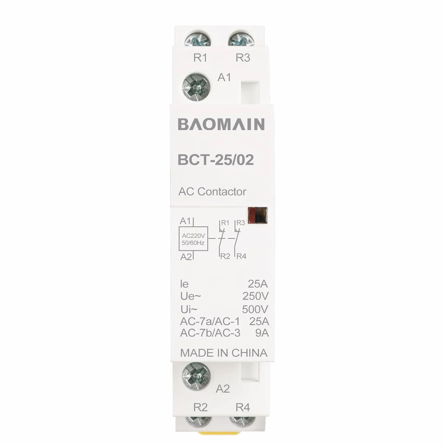 BAOMAIN Stycznik AC, 2-biegunowy 2NC, 25 A, AC 220 V, napięcie cewki, 35 mm Montaż na szynie DIN BCT-25/02