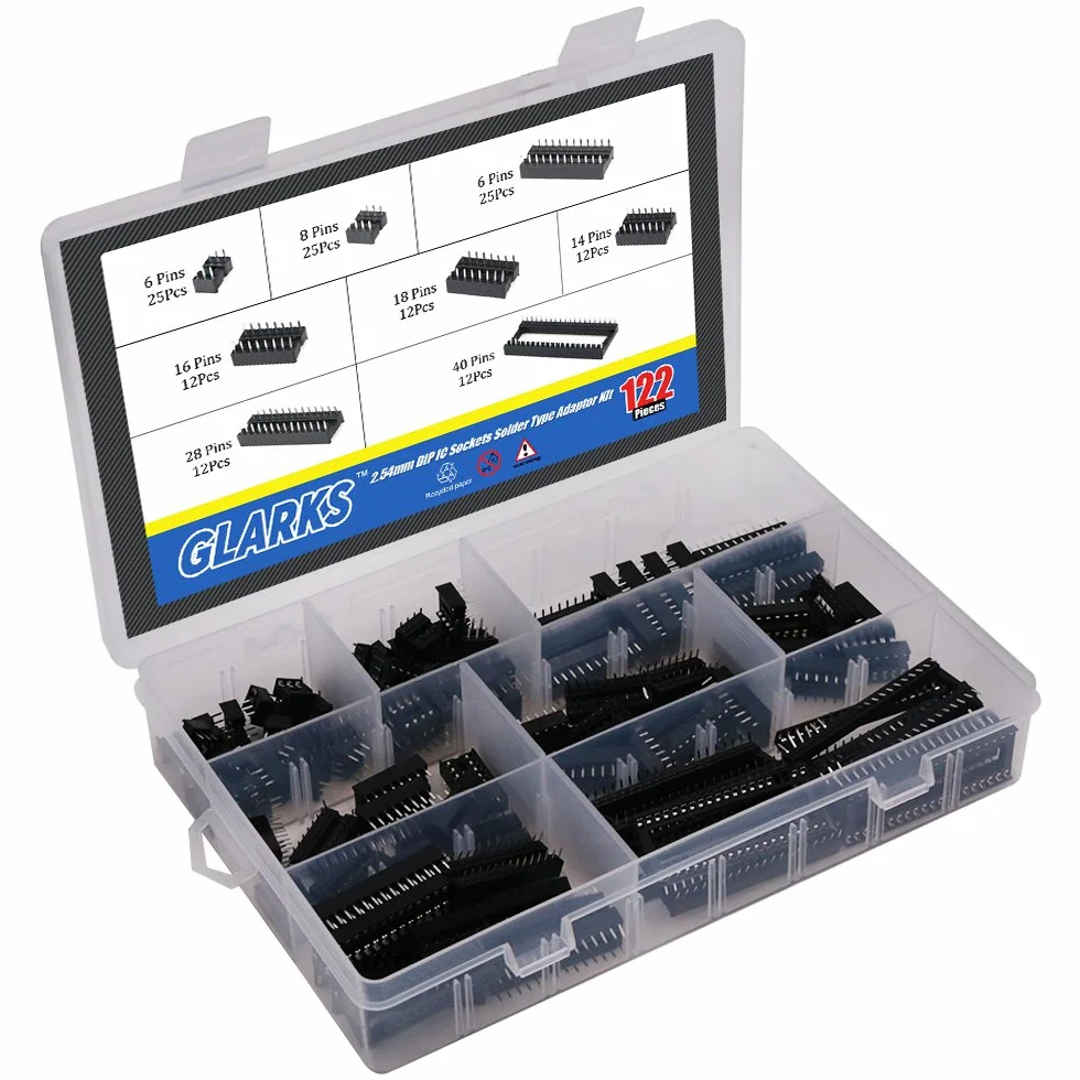 Glarks 122 szt. 2,54 mm Pitch DIP IC gniazda wtykowe adapter zestaw pinów