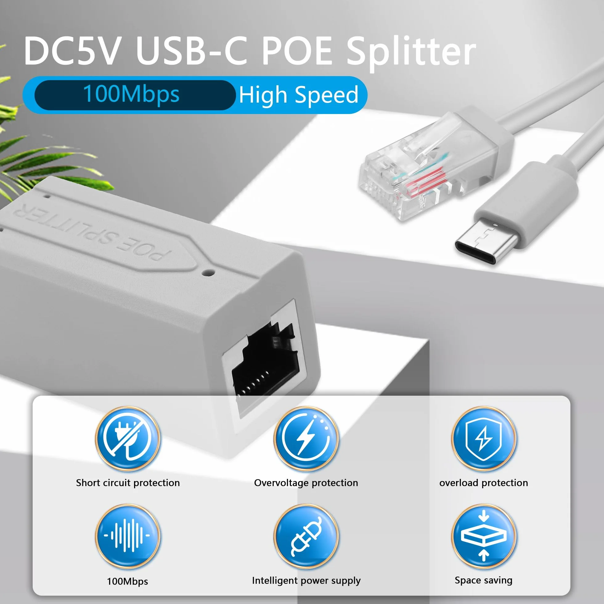 GINTOOYUN Szary DC5V USB-C POE rozdzielacz 10/100 Mbps Typ-C POE rozdzielacz z portem RJ45 i portem typu C, spełnia standard IEEE 802.3AF/at Standard (6,69 cala)
