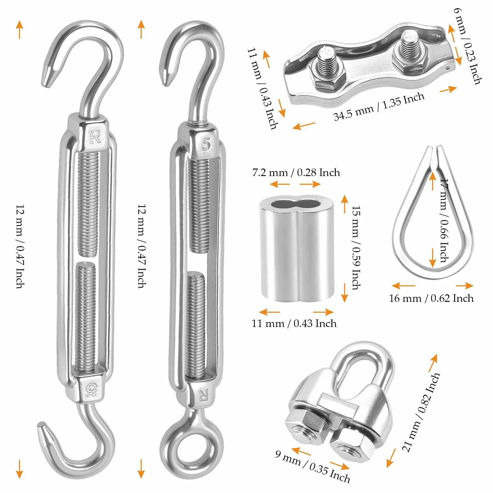 Zestaw 30 sztuk śrub napinających M5 ze stali nierdzewnej, napinacz drutu M5 z zaciskiem linowym 3mm ze stali nierdzewnej, 3mm linka stalowa z kauczami i tulejkami aluminiowymi, zestaw