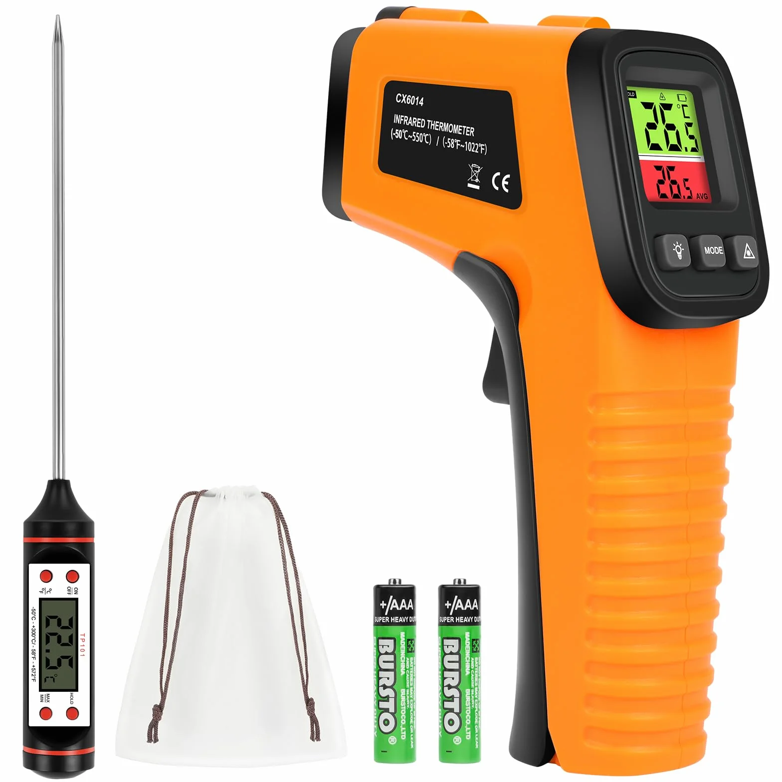 HOTUT Cyfrowy termometr na podczerwień 50°C ~ 550°C (-58°F ~ 1022°F), bezdotykowy laserowy pistolet temperaturowy z regulacją emisyjności, do gotowania/zamrażania, z termometrem do mięsa i torbą
