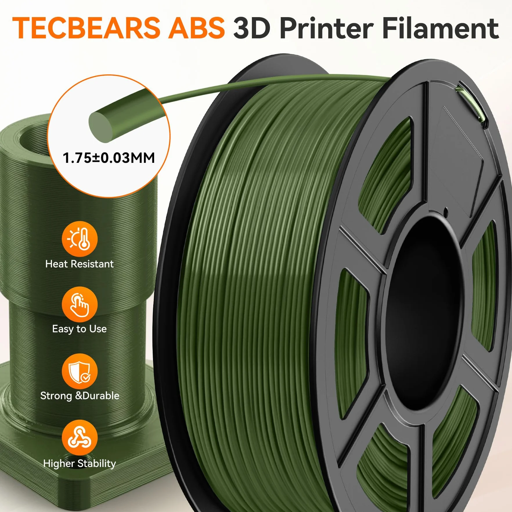 TECBEARS Filament ABS 1,75 mm, 1 kg, biały, wysoka wytrzymałość i wstrząsy, odporny na wysoką temperaturę, filament do drukarki 3D, dokładność wymiarowa +/-0,03 mm, szpula 1kg (2,2 funta)