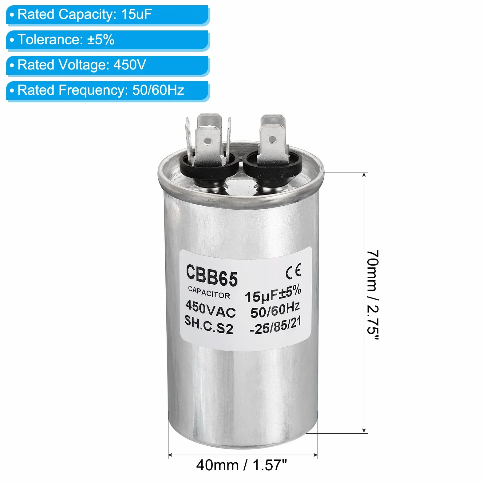 PATIKIL CBB65 15uF Racing Skraplacz 15mfd 1sztuk AC 450V Aluminium Obudowa z 2 Szpilki do Klimatyzacji Silnika Ciepła Pompa Skraplacza