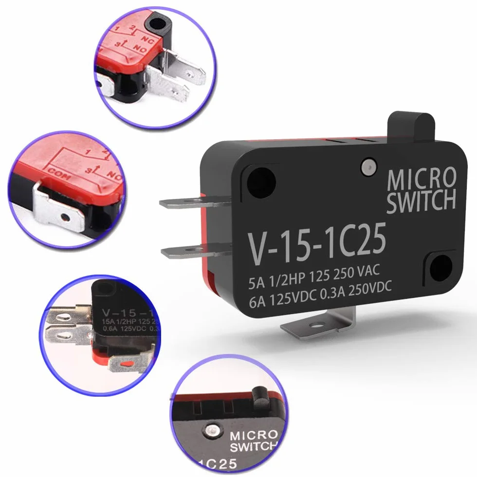 Gebildet Przełączniki Mikro V-15-1C25, z Włącznikiem Chwilowo-Krańcowym 125 V/250 V 15 A, 3 piny SPDT z Przełącznikiem z Funkcją Zatrzasku Miniaturowego Basic-Micro (otwieranie/zamykanie), 12 sztuk