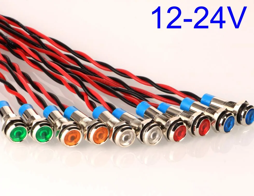 Gebildet 10 szt. 6mm 1/4 cala AC/DC 12-24V LED Energooszczędny Metalowy Wskaźnik Swietlny Wodoodporna lampa Sygnalizacyjna z Przewodem (zielony/żółty/czerwony/niebieski/biały)
