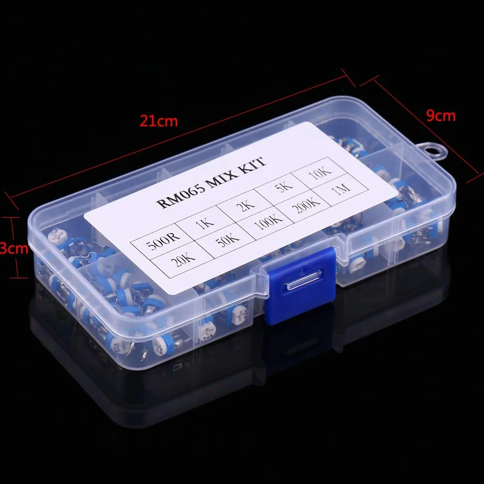 Rezystor zmienny 10 Wartość 500 Ohm-1M Ohm Potencjometr membranowy Reostat Trimpot Asortyment-100 szt., Rezystor