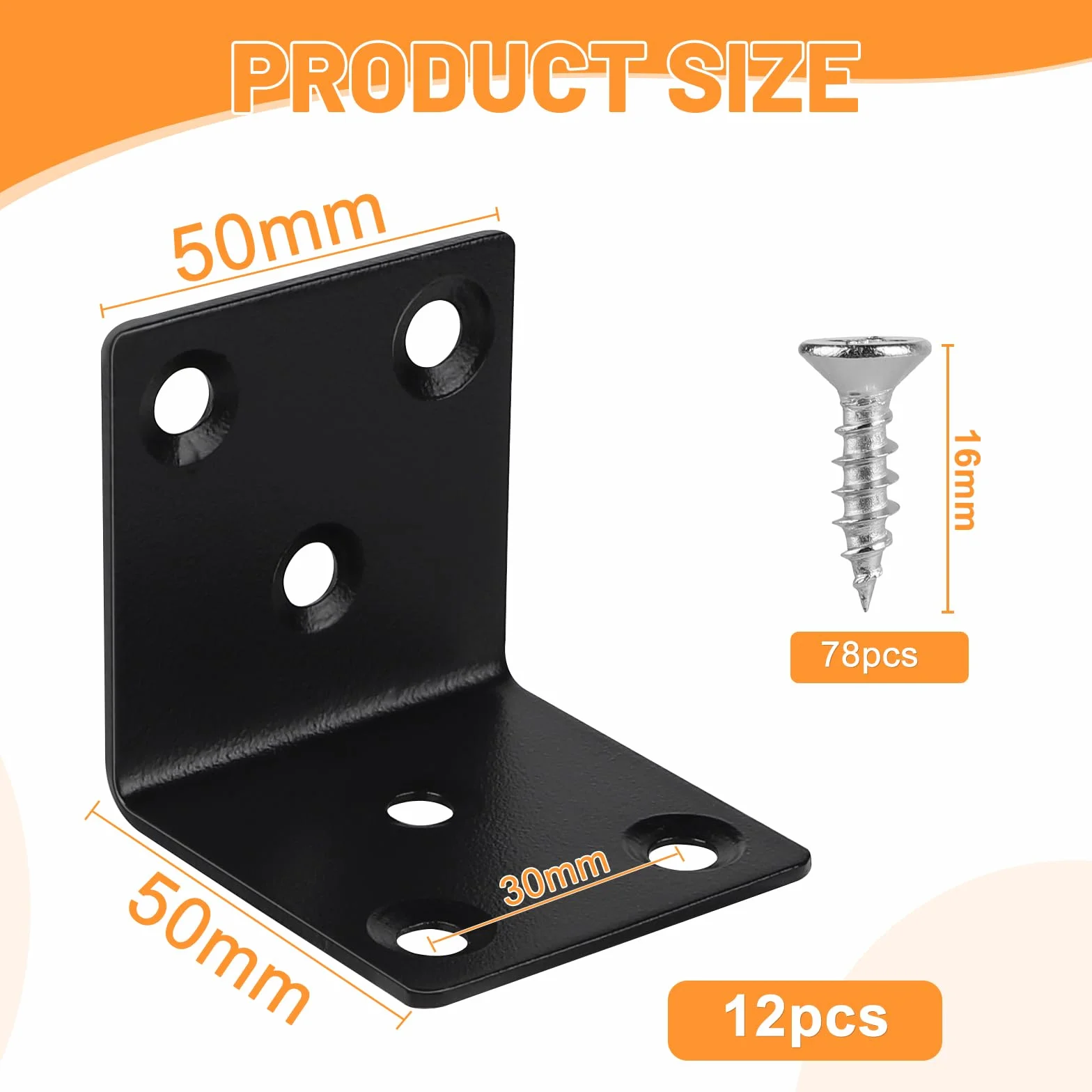 LALAGO 12 sztuk łączników kątowych ze stali nierdzewnej 50 x 50 x 50 mm, małe kątowniki montażowe z 78 śrubami, metalowe zaciski 90 stopni, kątownik mocujący do mocowania i naprawy mebli, kolor czarny