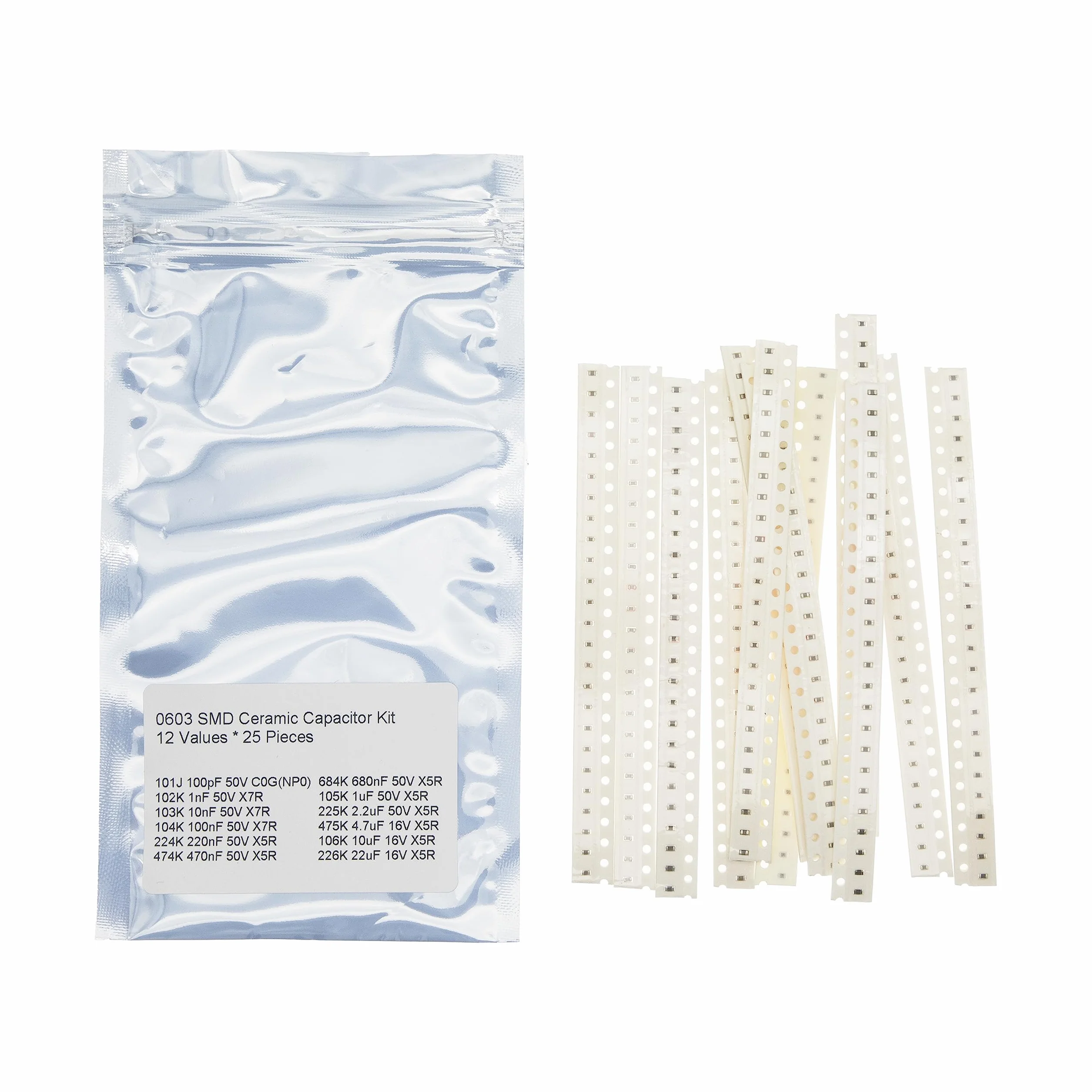 12 Wartości * 25 Kawałki 0603 Zestaw kondensatorów ceramicznych SMD 100pF 1nF 10nF 100nF 220nF 470nF 680nF 1uF 2.2uF 4.7uF 10uF 22uF