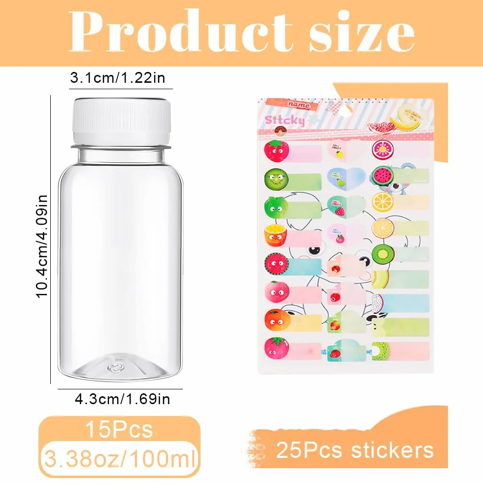 15 sztuk butelek na sok do napełniania, 100 ml, wielokrotnego użytku PET z pokrywką, mini plastikowe butelki z naklejką, butelki na sok, napoje wodne (czarne)