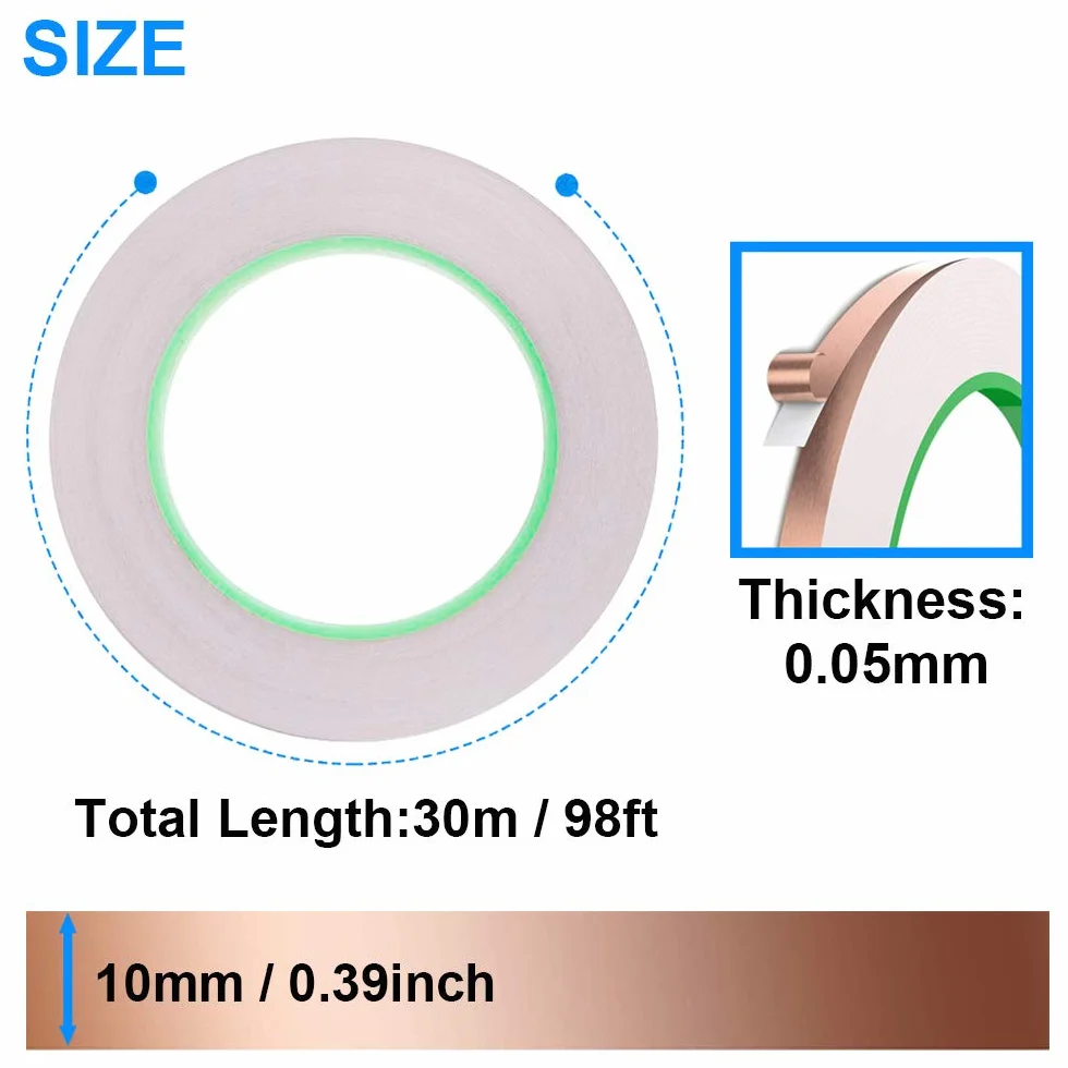 Dwustronna przewodząca taśma z folii miedzianej (10 mm/0,39 cala x 30 m/98 stóp) grubość 0,05 mm do gitary i ekranowania EMI, naprawy elektryczne, lutowanie z taśmą pomiarową 1,5 m / 16 ft