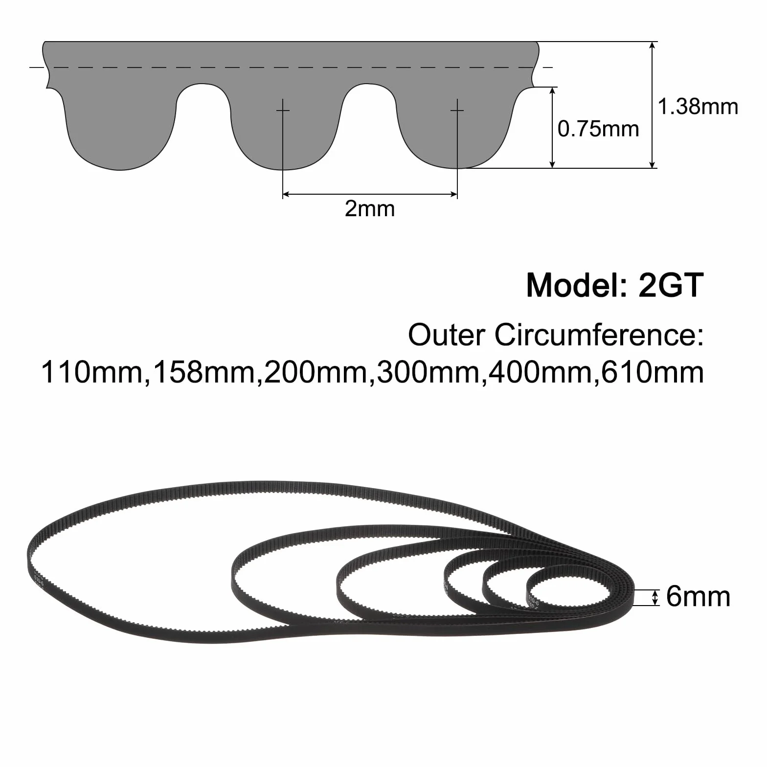QUARKZMAN Pasek rozrządu 2GT Closed Loop o szerokości 6 mm, różne długości: 110 mm, 158 mm, 200 mm, 300 mm, 400 mm, 610 mm, do drukarek 3D