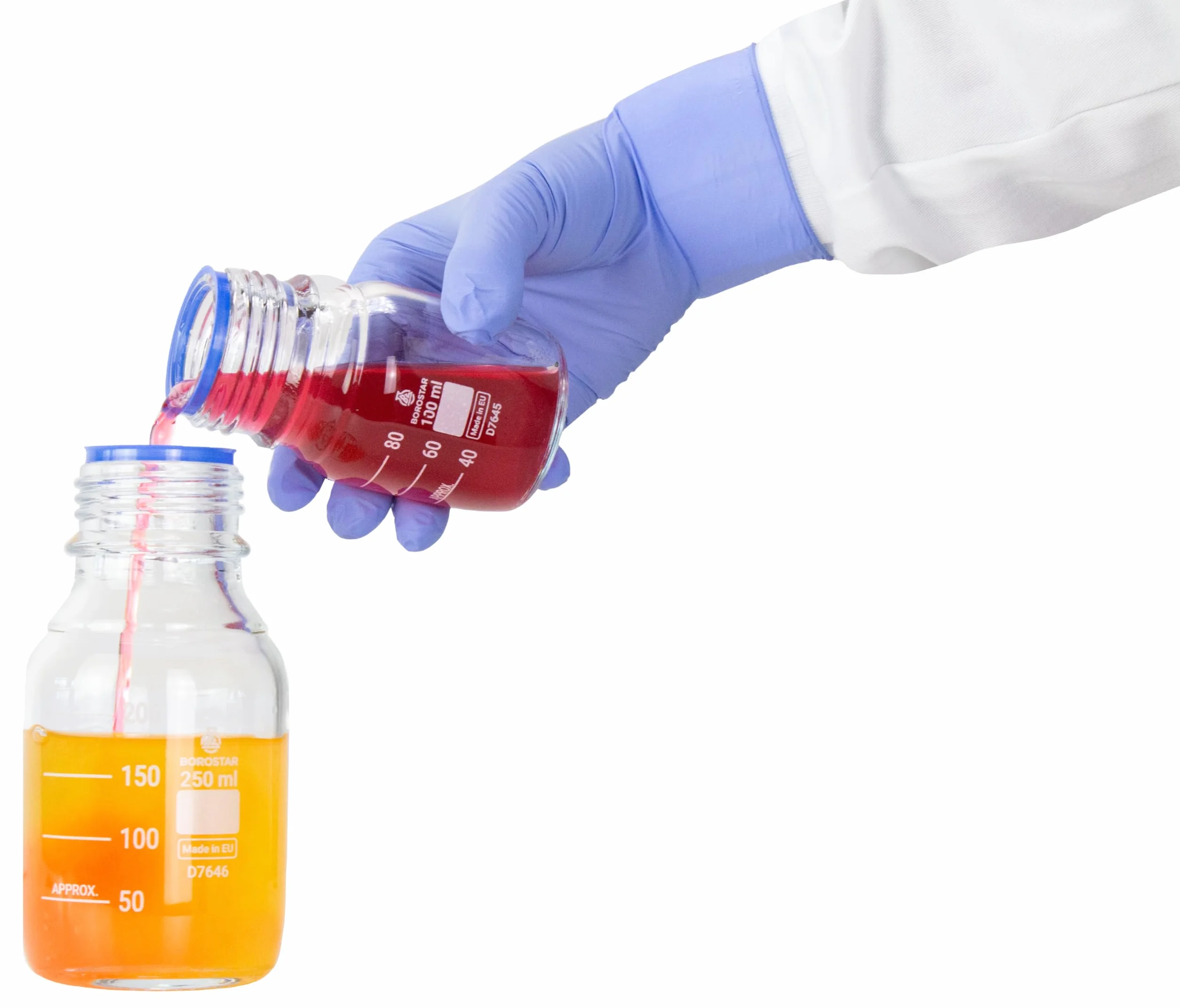 Butelka laboratoryjna (Boro 3.3), GL45, z zakrętką i pierścieniem do nalewania PP, niebieska, 500 ml