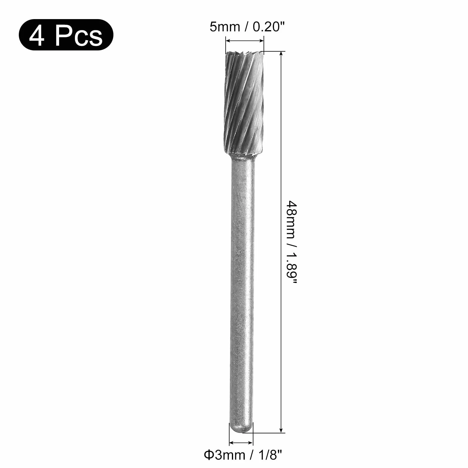 QUARKZMAN Frezy obrotowe z węglika wolframu 1/8", frezy obrotowe z końcówką cylindra cylindrycznego pojedynczego cięcia 5 mm średnica, do polerowania rzeźbienia w twardej stali stopowej, 4 szt