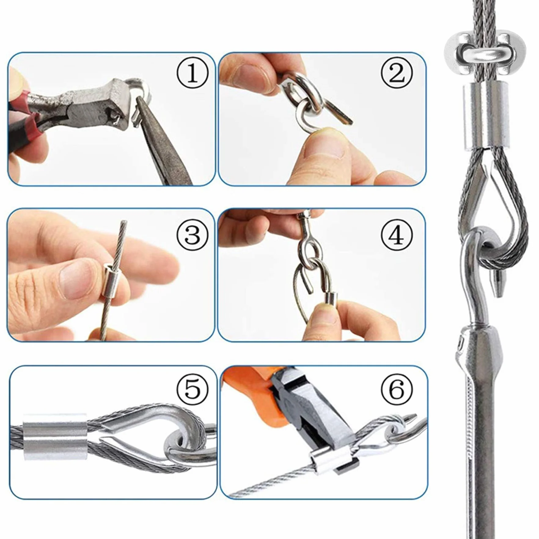 20 m linka stalowa ze stali nierdzewnej, 2 mm, z powłoką PCW | aluminiowe tuleje aluminiowe zacisk 2 mm | linka druciana 2 mm | napinacz klamry napinającej M5 | Kausze do liny drucianej M2 |
