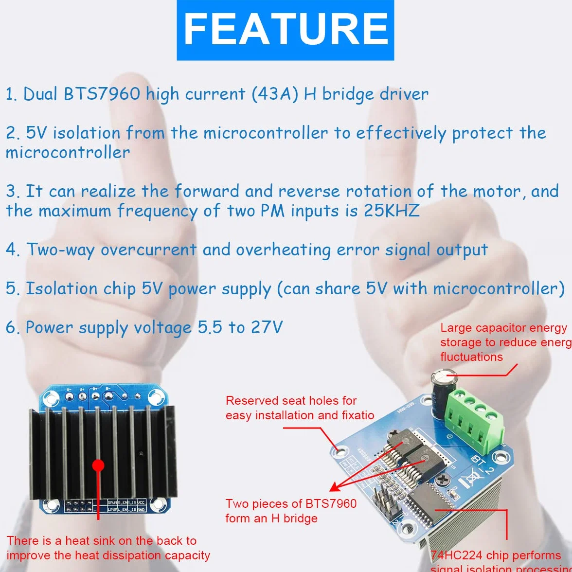BTS7960 moduł sterownika silnika ograniczenie prądu, moduł sterownika silnika 43 jeden High Power podwójny mostek DC H PWM Smart Car Board pojazd moduł sterownik do Arduino