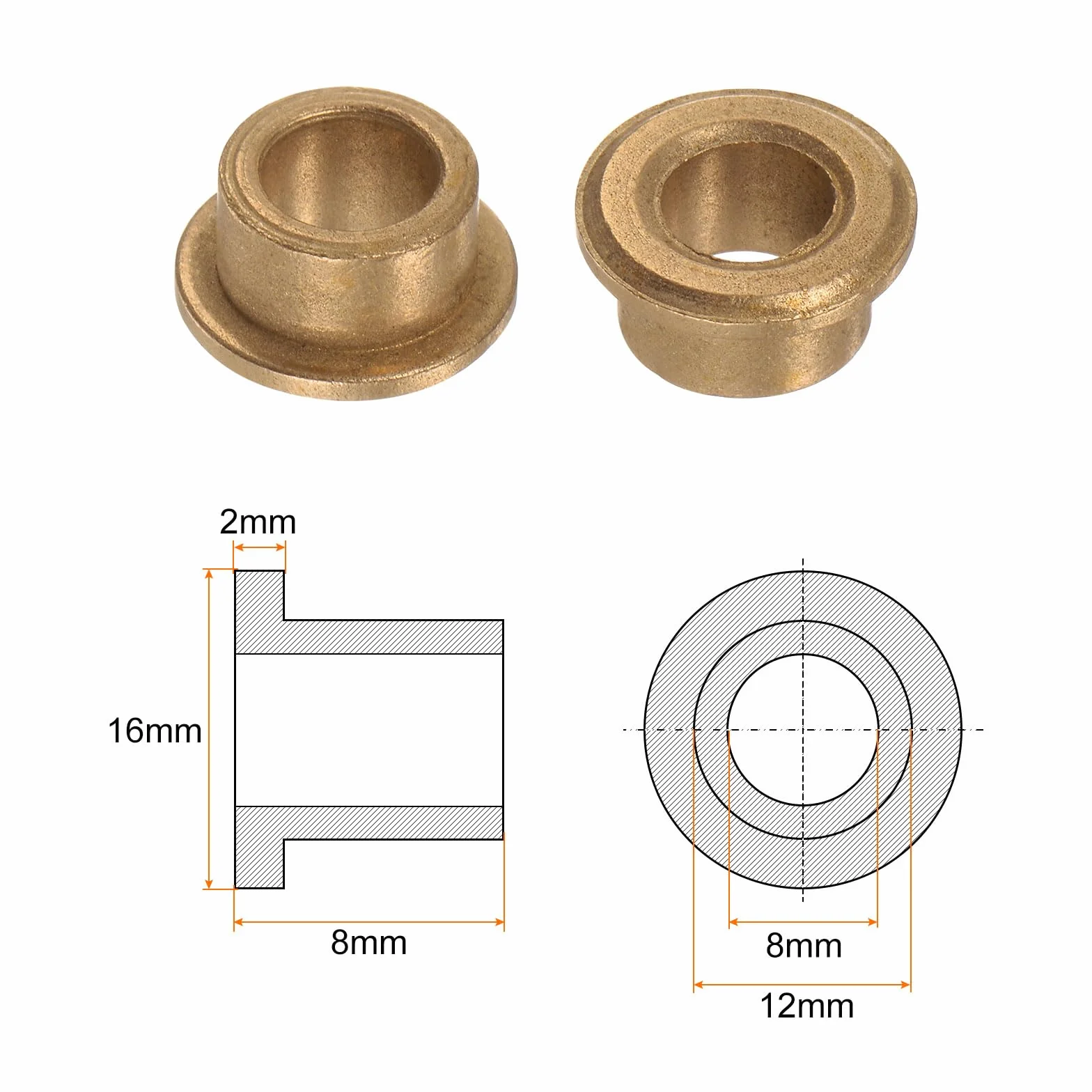 QUARKZMAN Tuleja Kołnierz 8mm Średnica 12mm OD 2mm Grubość Brąz Samo-Smarujące
