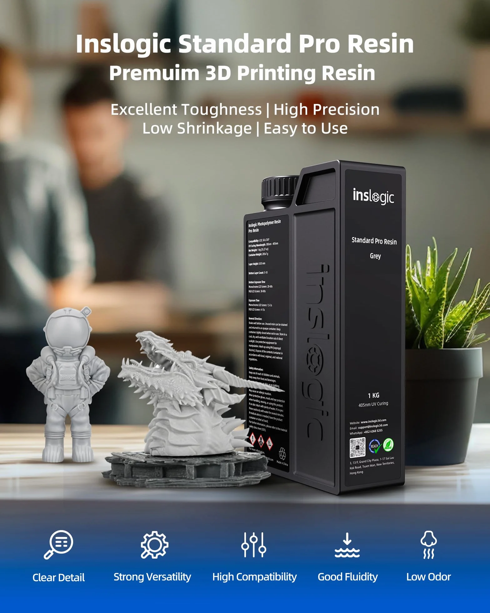 Inslogic Żywica do drukarki 3D, Standard Pro Resin 405nm UV-Curing 3D Resin do druku LCD/DLP/SLA 3D, wysoka precyzja, niski skurcz i szybkie utwardzanie (ciemnoszary, 1kg)