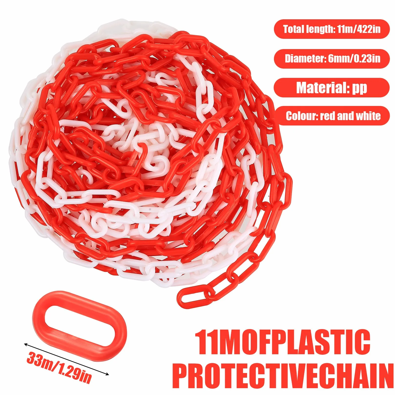 Plastikowy łańcuch odgradzający czerwono-biały, 11 m x 6 mm, łańcuch z tworzywa sztucznego do odgradzania obszarów, parkingów, restauracji, wystaw i parków