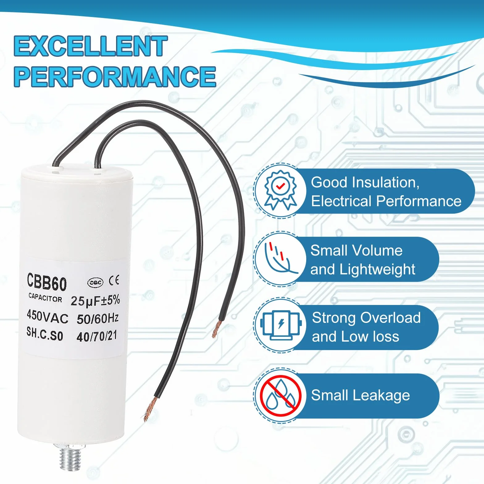 PATIKIL Kondensator rozruchowy 25uF CBB60 AC 450 V, 2 przewody 50/60 Hz, dno cylindra ze śrubami M8 x 15 mm, do pralki, silnika pompy wodnej, gwiazda, 95 x 40 mm, biały