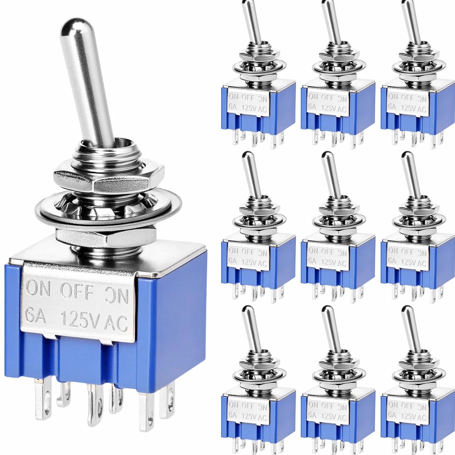 QWORK® MTS-203 DPDT 3-pozycyjny przełącznik dźwigienkowy, 6-pinowy AC 125 V 6 A ON-OFF-ON, 10 sztuk