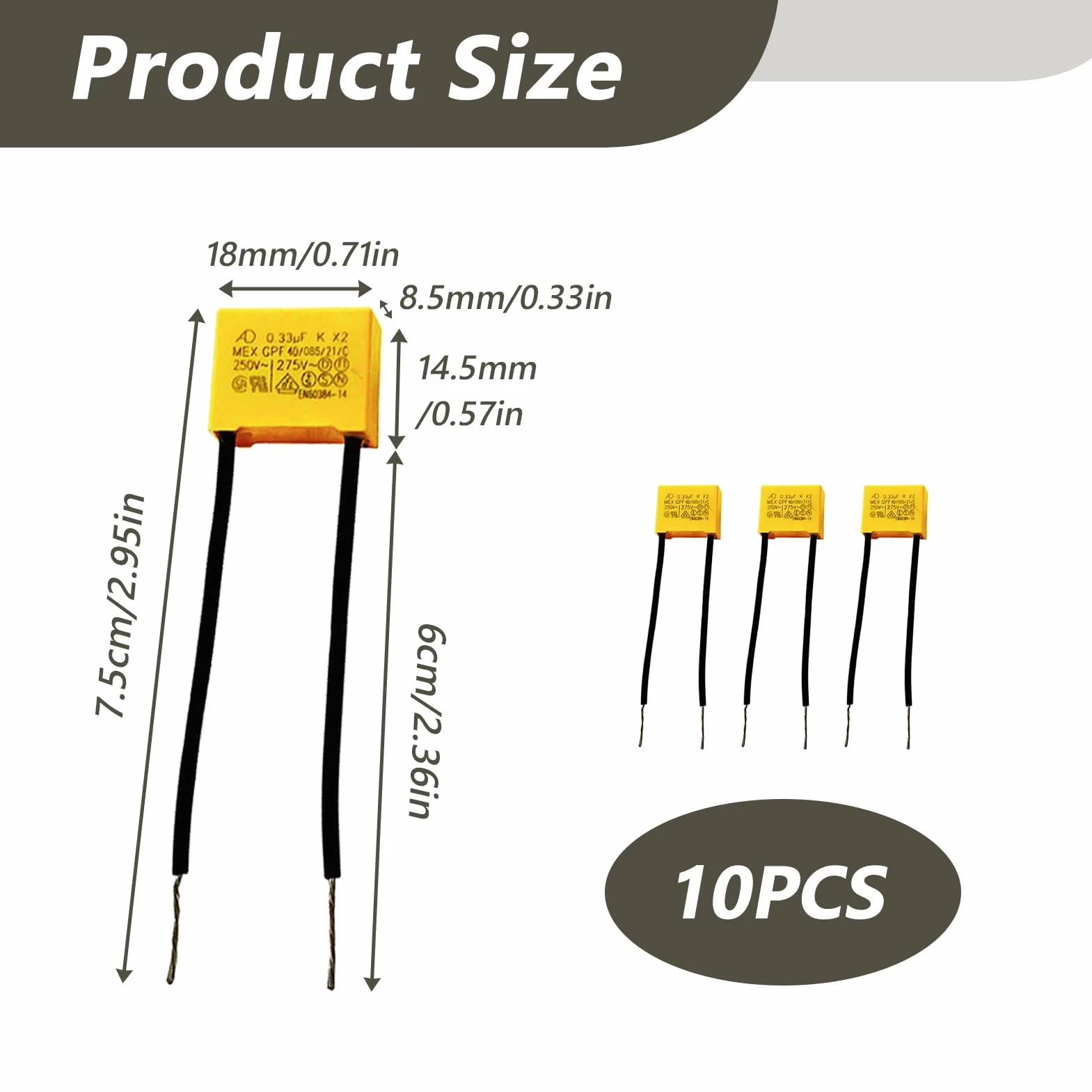 Kondensator do żarówek LED 0,33uF 275V AC foliowy samoregenerujący się tłumiący