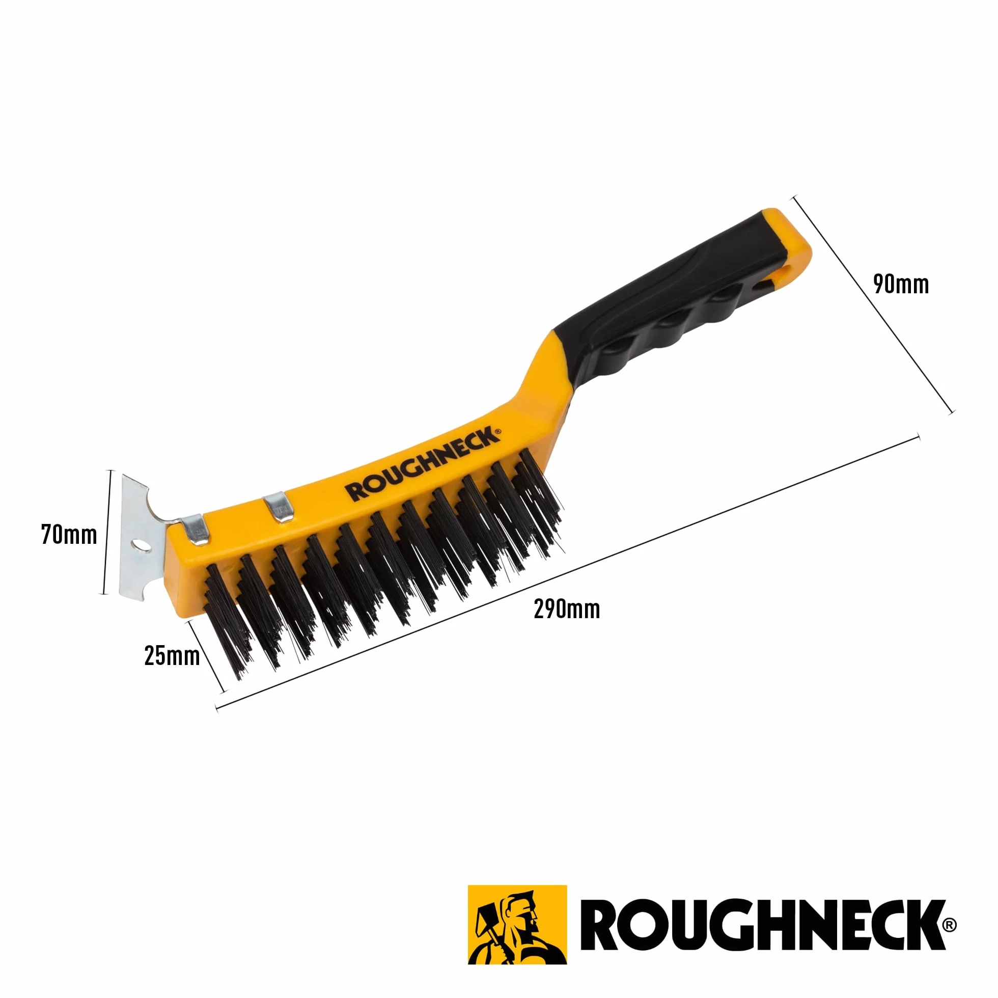 Wytrzymała szczotka druciana Roughneck ze skrobakiem (300 mm) – Wysokowydajne narzędzie do czyszczenia z włosiem ze stali węglowej i miękkim uchwytem