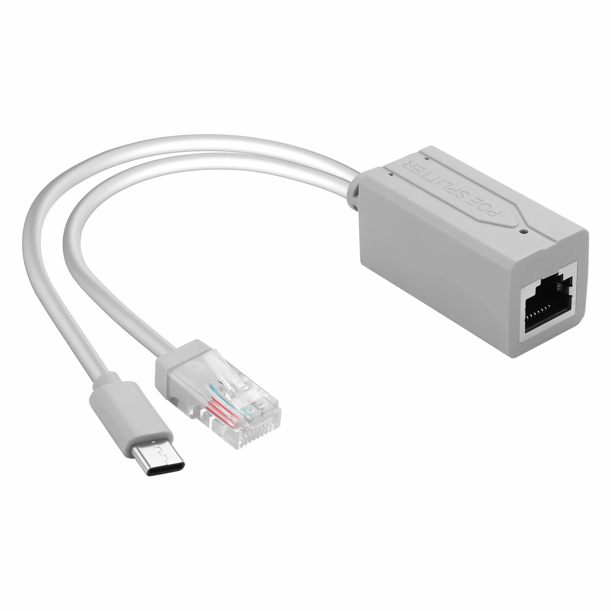 GINTOOYUN Szary DC5V USB-C POE rozdzielacz 10/100 Mbps Typ-C POE rozdzielacz z portem RJ45 i portem typu C, spełnia standard IEEE 802.3AF/at Standard (6,69 cala)
