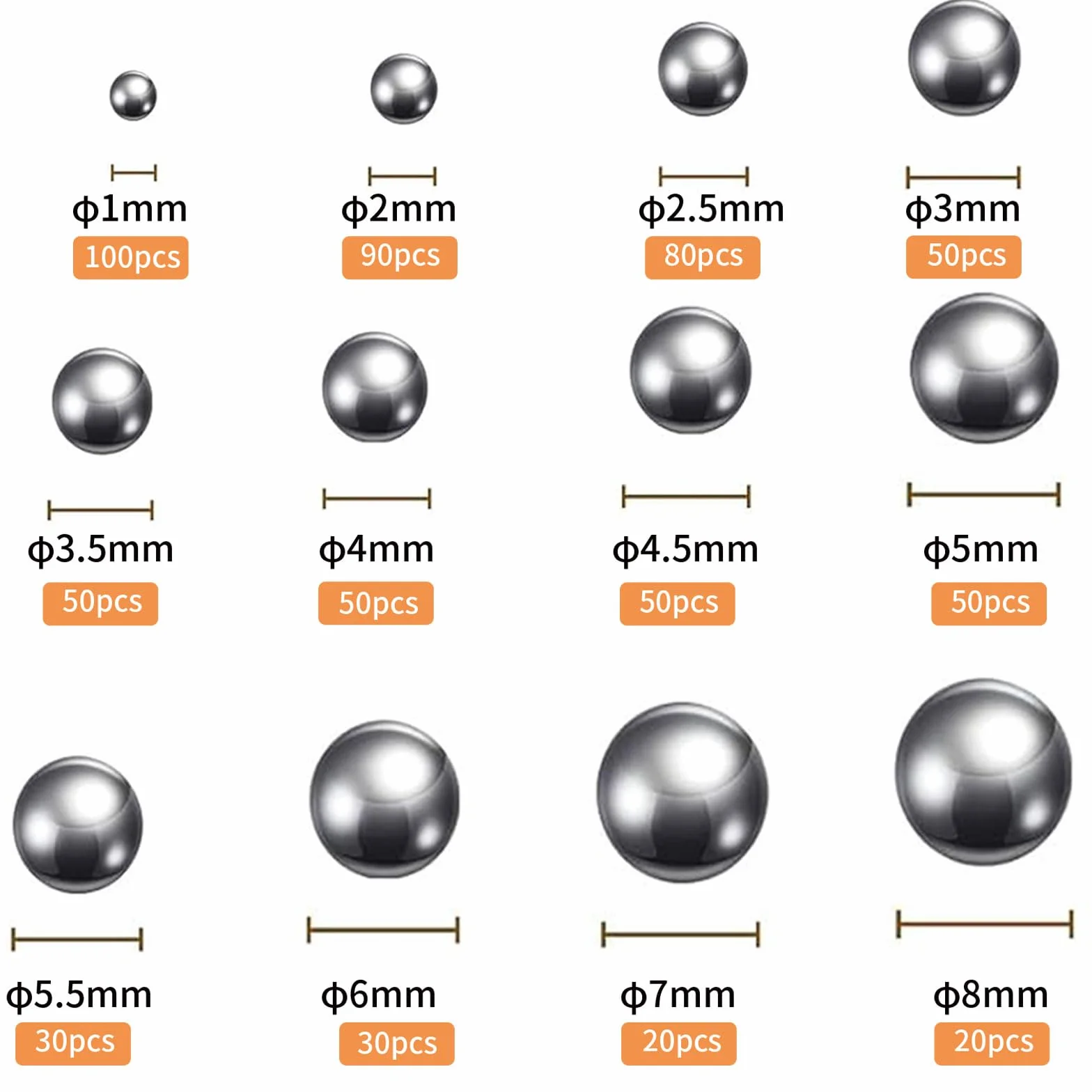 620 szt. 12 rozmiarów kulki ze stali nierdzewnej, precyzyjne kulki kulkowe, do kół rowerowych, części zamienne, 1-8 mm