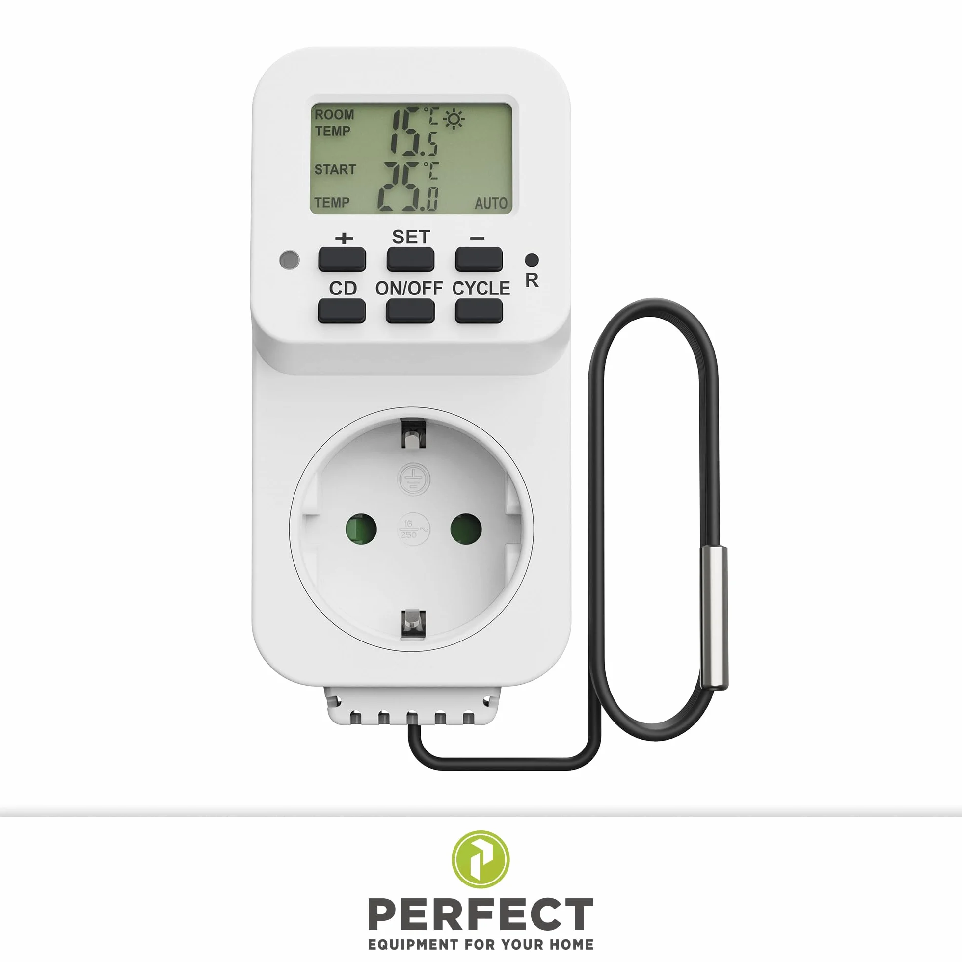 Idealne gniazdo termostatyczne, regulator temperatury 230 V, termostat z czujnikiem, przełącznik temperatury do ogrzewania, chłodzenia, szklarni, terrarium, biały