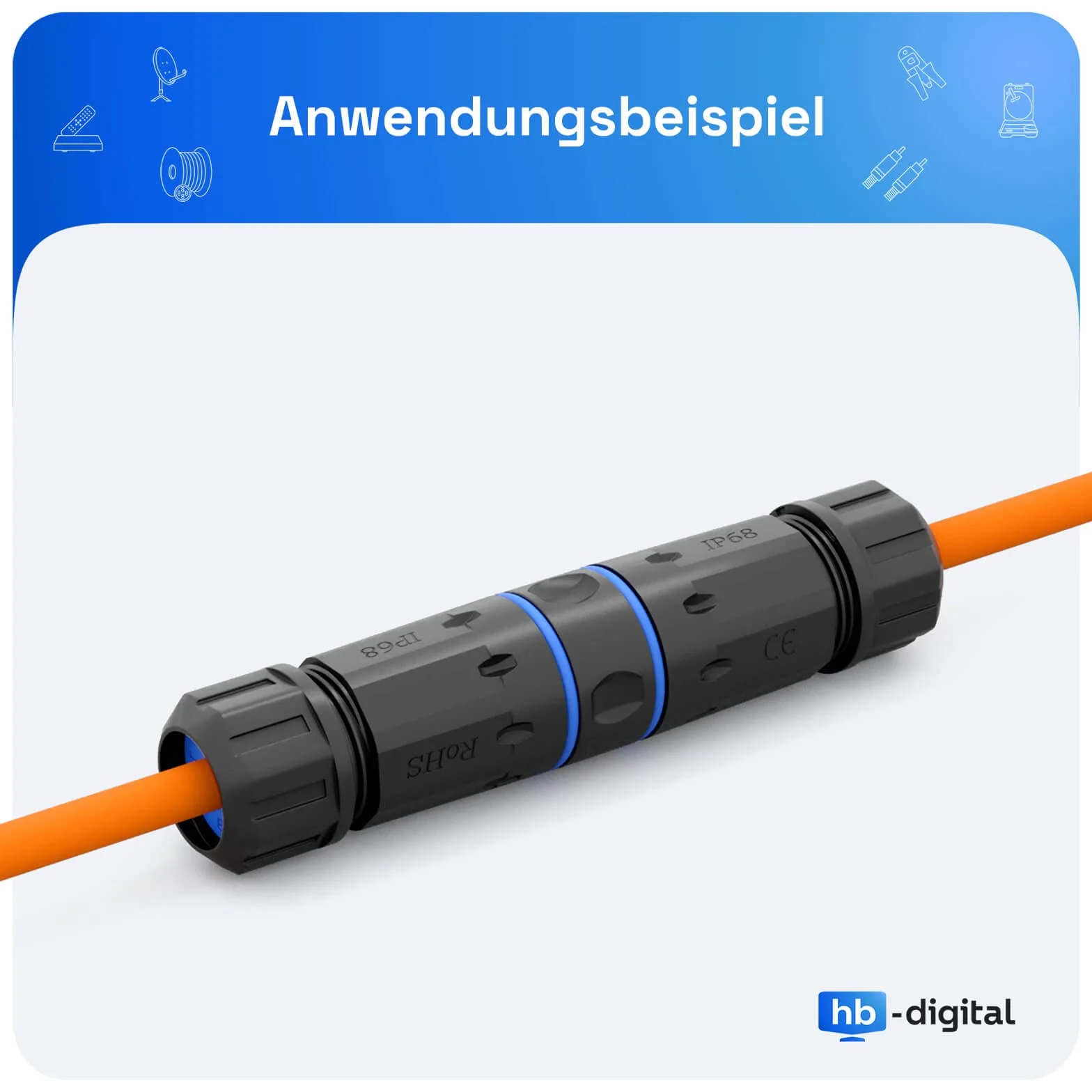 hb-digital 1 x RJ45 złącze kabla krosowego, CAT. 7 OUTDOOR IP68, wodoszczelne złącze Ethernet, kabel sieciowy, adapter LAN przedłużacz gniazdo RJ45 (8P8C) STP AWG26-22, na zewnątrz, kolor czarny