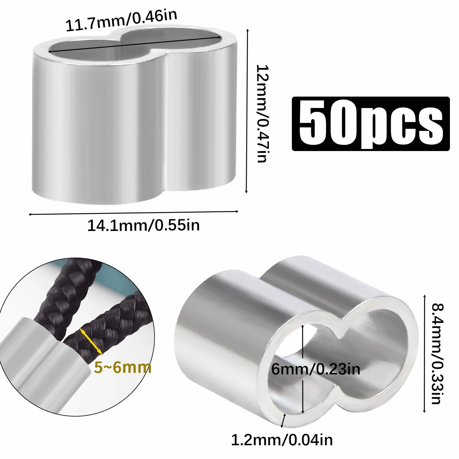 Tulejki zaciskowe 6 mm aluminiowe podwójne zaciski linowe 50 sztuk