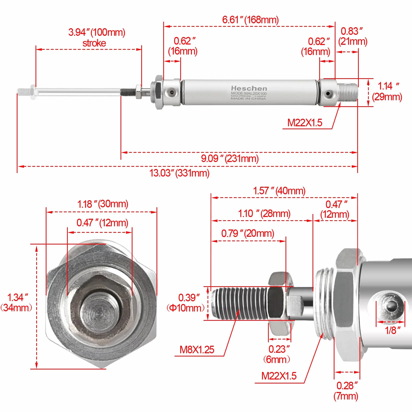 Heschen Smukły cylinder pneumatyczny MAL 20-100 otwór 20 mm skok 100 mm dwustronny PT1/8 cala metal 145 PSI