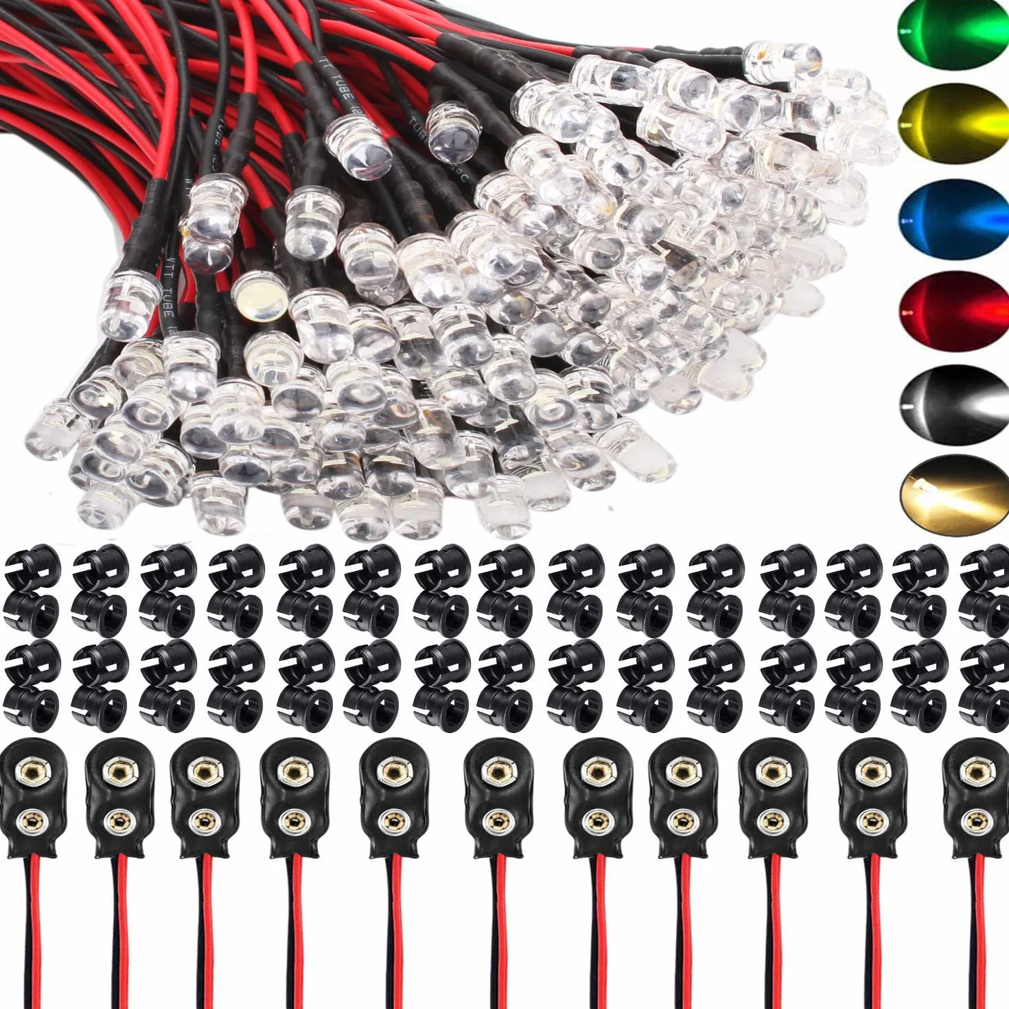 RUNCCI-YUN 60 sztuk 5 mm LED wstępnie okablowane diody emitujące światło DC12V lampy modelarskie + 60 sztuk 5 mm plastikowy uchwyt diodowy + 10 szt. złącze baterii 9 V