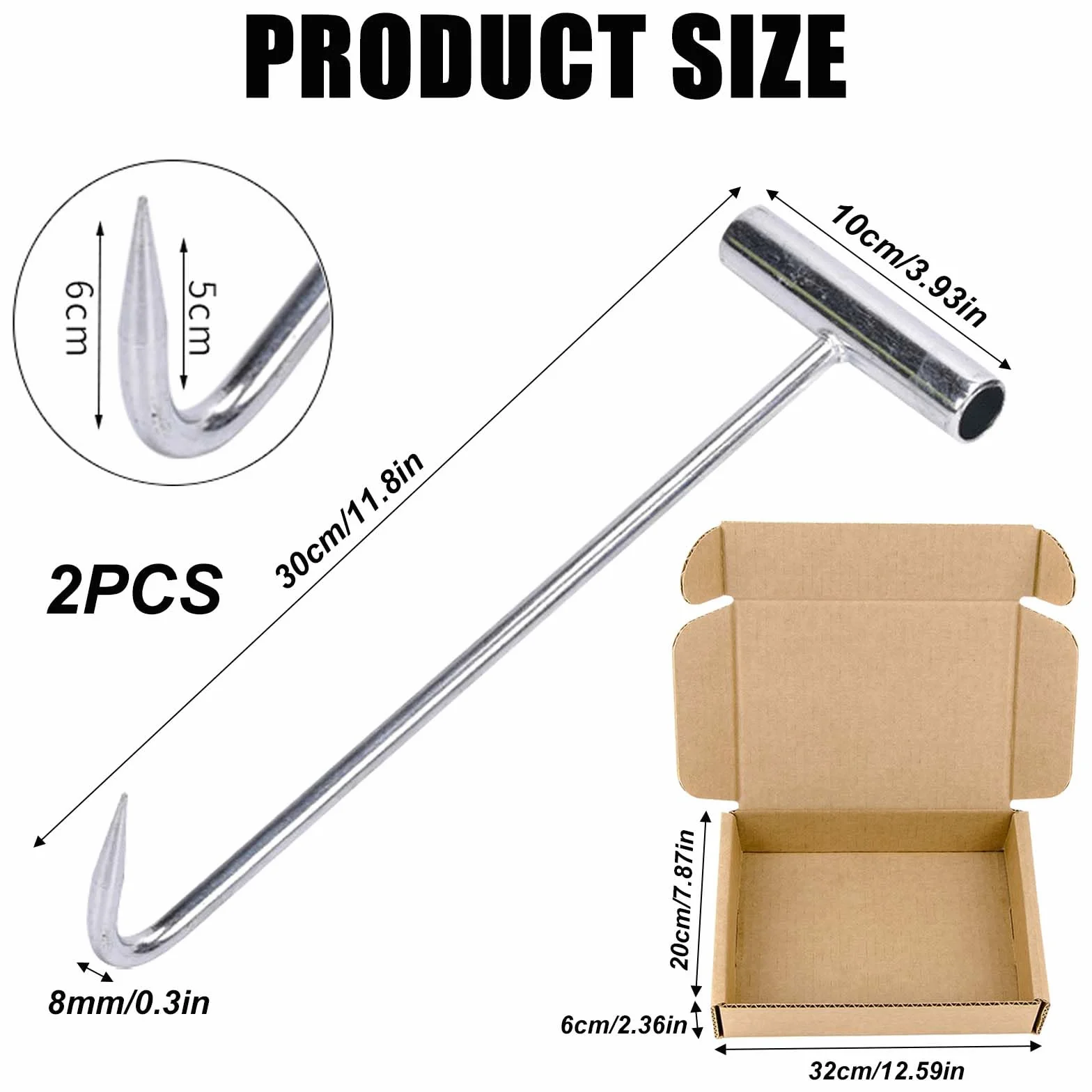 Hak do podnoszenia pokrywy kanału ze stali nierdzewnej 30 cm, 2 sztuki