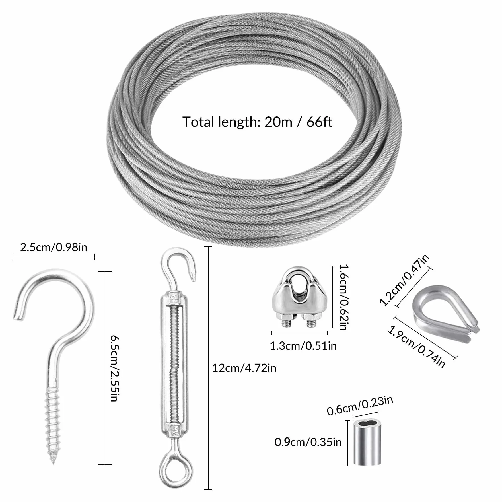 20 m linka stalowa ze stali nierdzewnej, 2 mm, z powłoką PCW | aluminiowe tuleje aluminiowe zacisk 2 mm | linka druciana 2 mm | napinacz klamry napinającej M5 | Kausze do liny drucianej M2 |