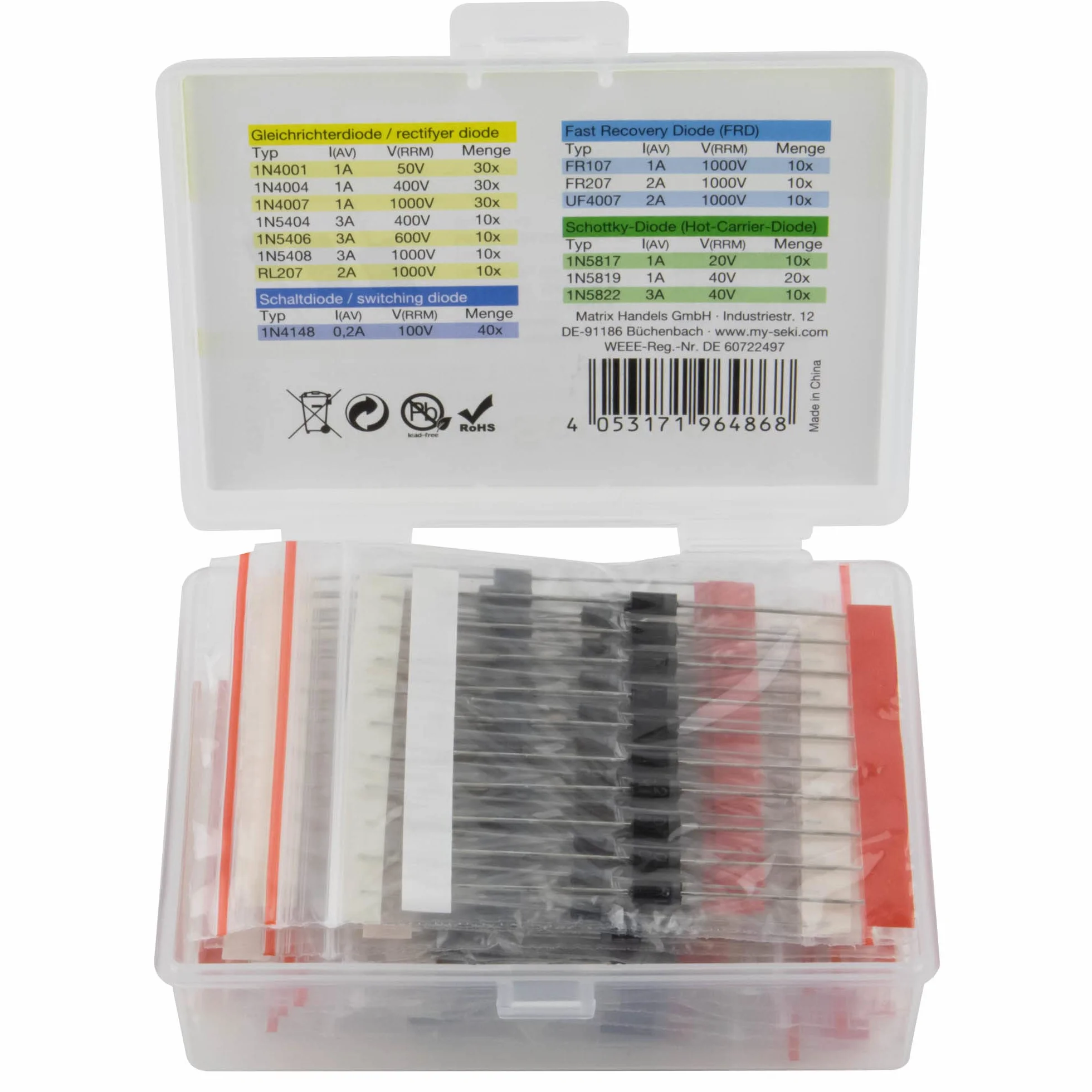 Seki Asortyment diod 240 sztuk, 14 wartości, dioda prostownicza, Schottky, dioda przełączająca; 1N4001 1N4004 1N4007 1N5404 1N5406 1N5408 RL207 FR107 RL207 UF4007 1NN5406 1N5408 RL207 RL207 UF4007
