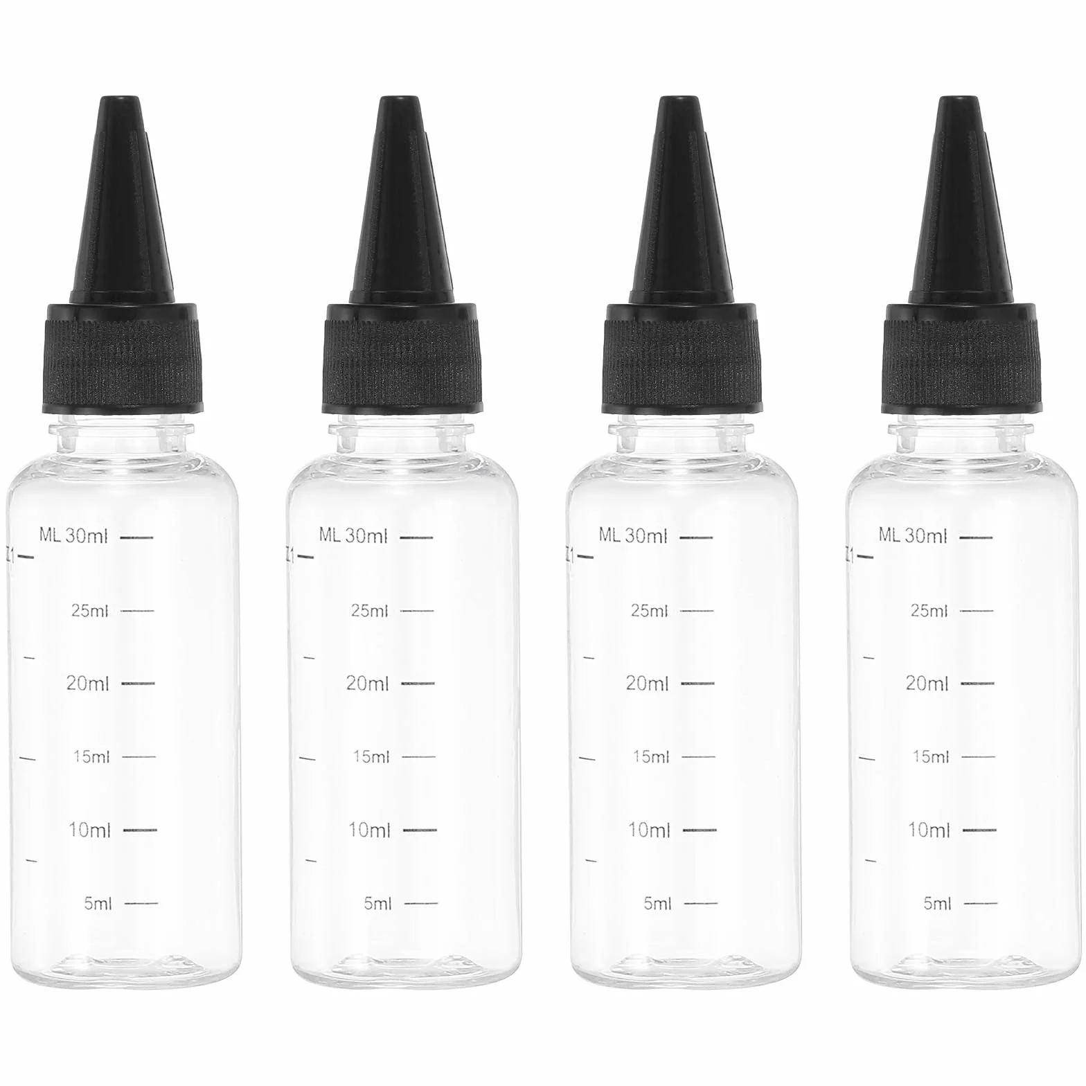 PATIKIL Butelki z tworzywa sztucznego z czarną pokrywką, 30 ml, 4 sztuki, z podziałką, okrągłe, puste butelki do płynów, prac ręcznych