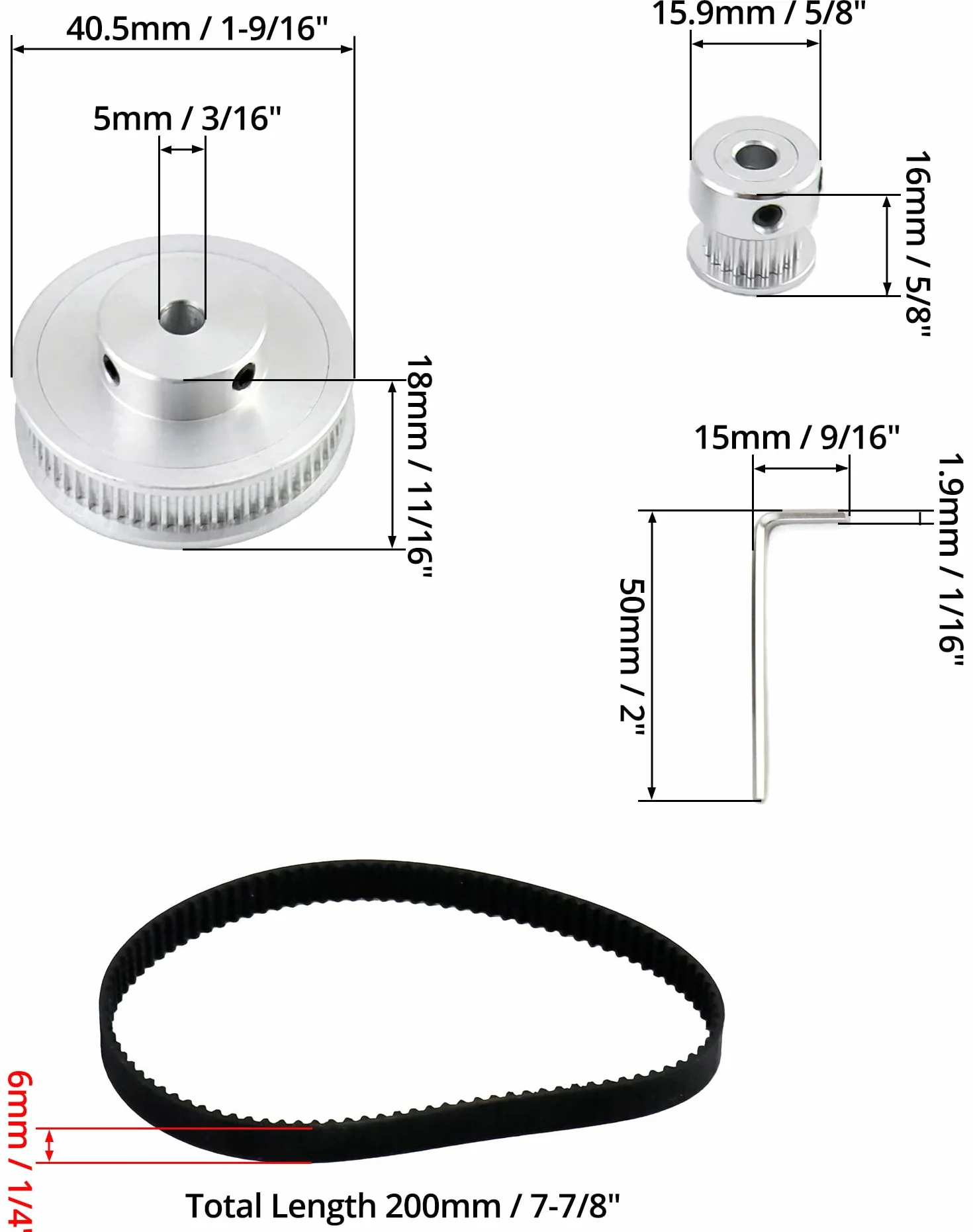 QWORK® 2 zestawy kół pasowych zębatych 2GT do drukarki 3D, 20 i 60 zębów, aluminiowe koło zębate o średnicy 5 mm i pas o szerokości 6 mm i długości 200 mm