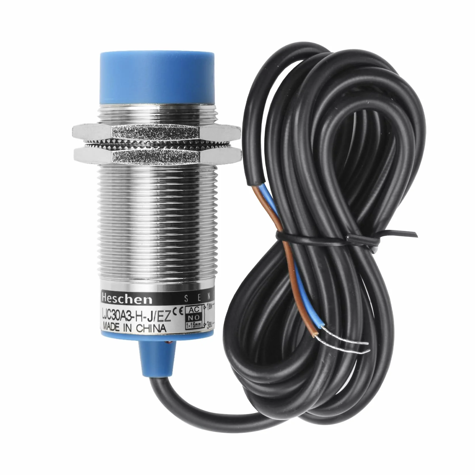 Heschen M30 pojemnościowy przełącznik czujnika zbliżeniowego, typ nieosłony, LJC30A3-H-J/EZ, detektor 1-15mm, 90-250VAC 400mA, normalnie otwarty (NO), 2 przewody