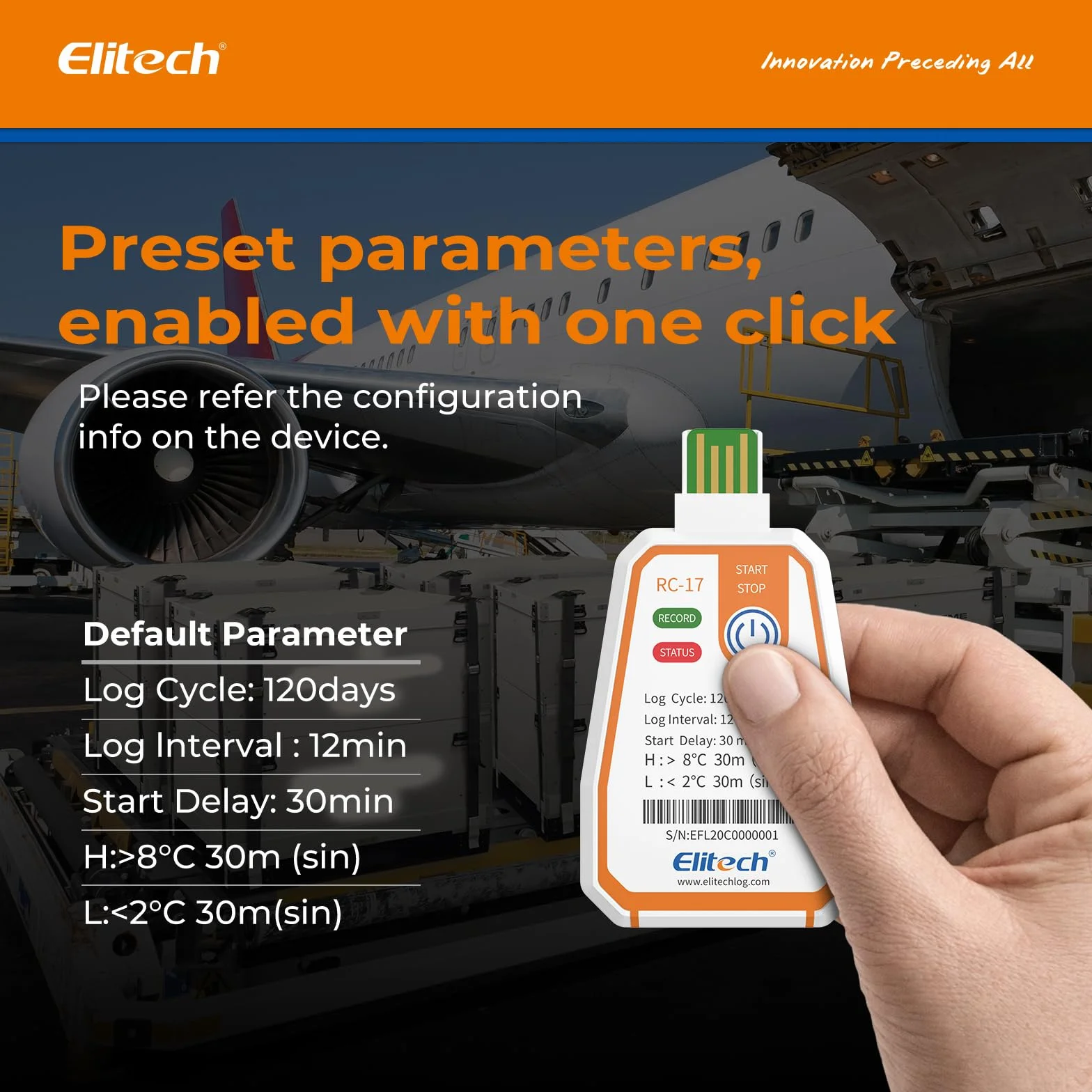 Elitech RC-17 Jednorazowy rejestrator temperatury USB IP67 180 dni 16000 rekordów