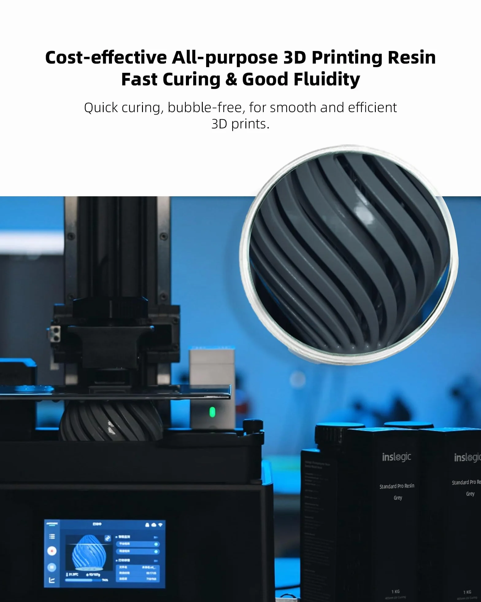 Inslogic Żywica do drukarki 3D, Standard Pro Resin 405nm UV-Curing 3D Resin do druku LCD/DLP/SLA 3D, wysoka precyzja, niski skurcz i szybkie utwardzanie (ciemnoszary, 1kg)
