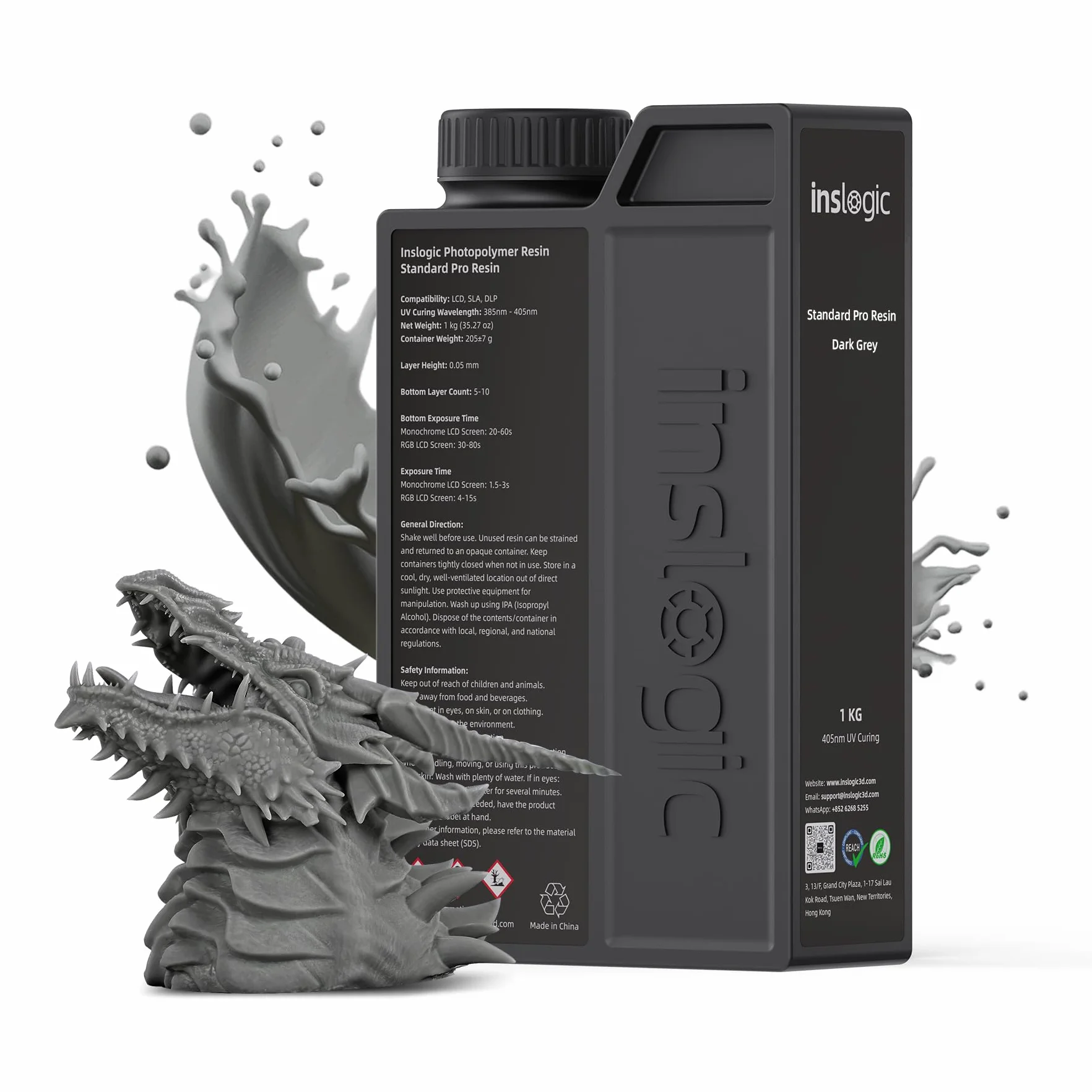 Inslogic Żywica do drukarki 3D, Standard Pro Resin 405nm UV-Curing 3D Resin do druku LCD/DLP/SLA 3D, wysoka precyzja, niski skurcz i szybkie utwardzanie (ciemnoszary, 1kg)