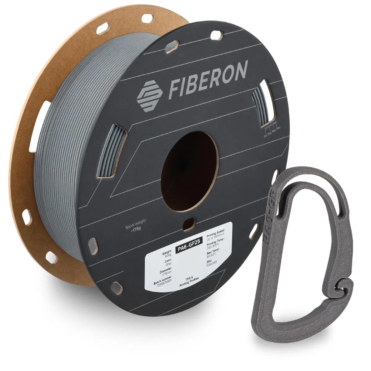 Polymaker Fiberon PA6-GF filament, 1,75 mm, szary, 500 g, ulepszona szpula kartonowa
