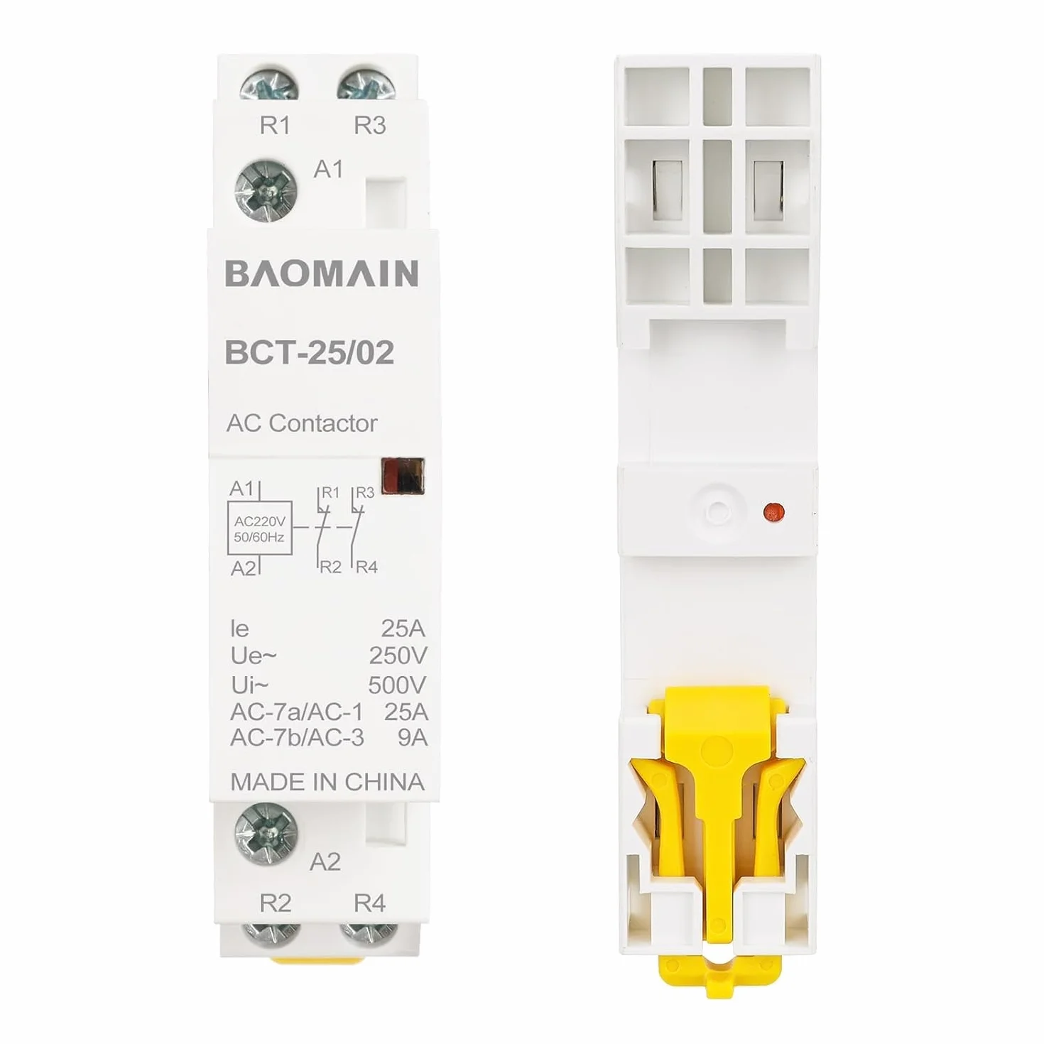 BAOMAIN Stycznik AC, 2-biegunowy 2NC, 25 A, AC 220 V, napięcie cewki, 35 mm Montaż na szynie DIN BCT-25/02