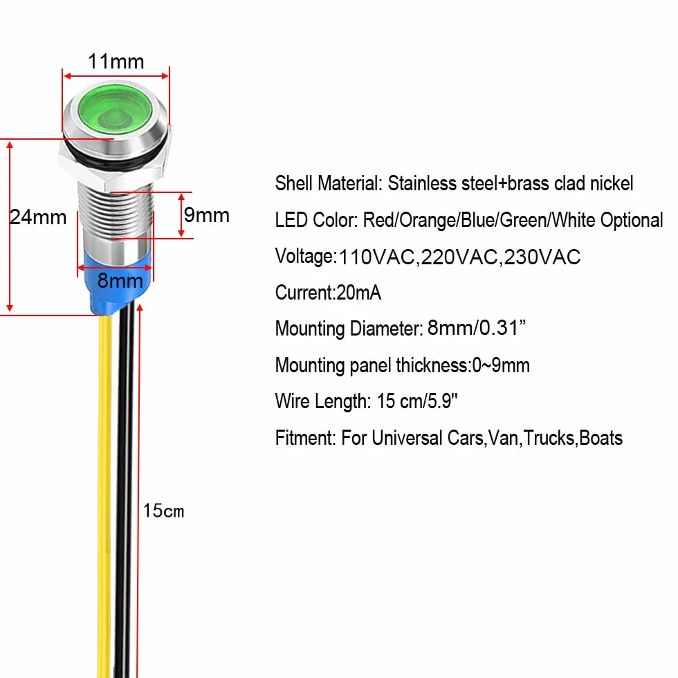 Gebildet 5 Sztuk 8mm 230V AC LED Metalowy Wskaźnik Świetlny Wodoodporna Lampka Sygnalizacyjna Zielona