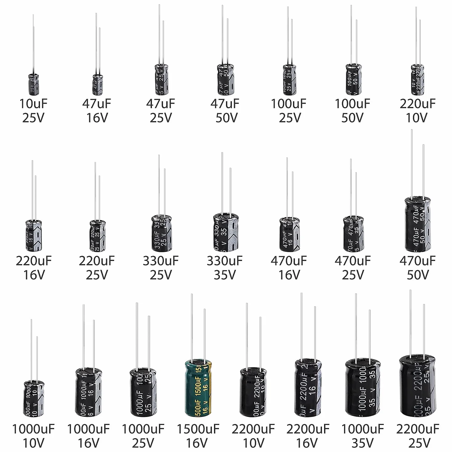 YIXISI 148 Sztuk 22 Wartości Zakres 10uF-2200uF 10V 16V 25V 35V 50V Zestaw Kondensatorów Elektrolitycznych, Aluminiowe Kondensatory Elektrolityczne, do Telewizora, Monitora LCD, Radia, Stereo, Gier