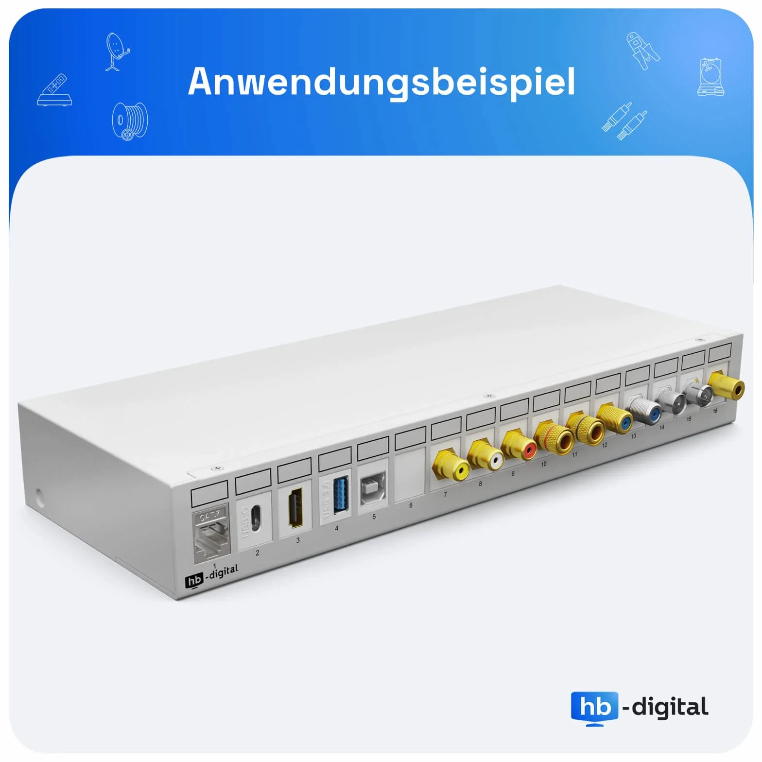 hb-digital 4-portowy panel krosowy obudowa do modułów Keystone z np. gniazdem RJ45 RJ11 Socket wtyczka antenowa złącze F USB-C USB-A BF/AF HDMI zacisk biegunowy gniazdo gwintowane BNZ - jasnoszary