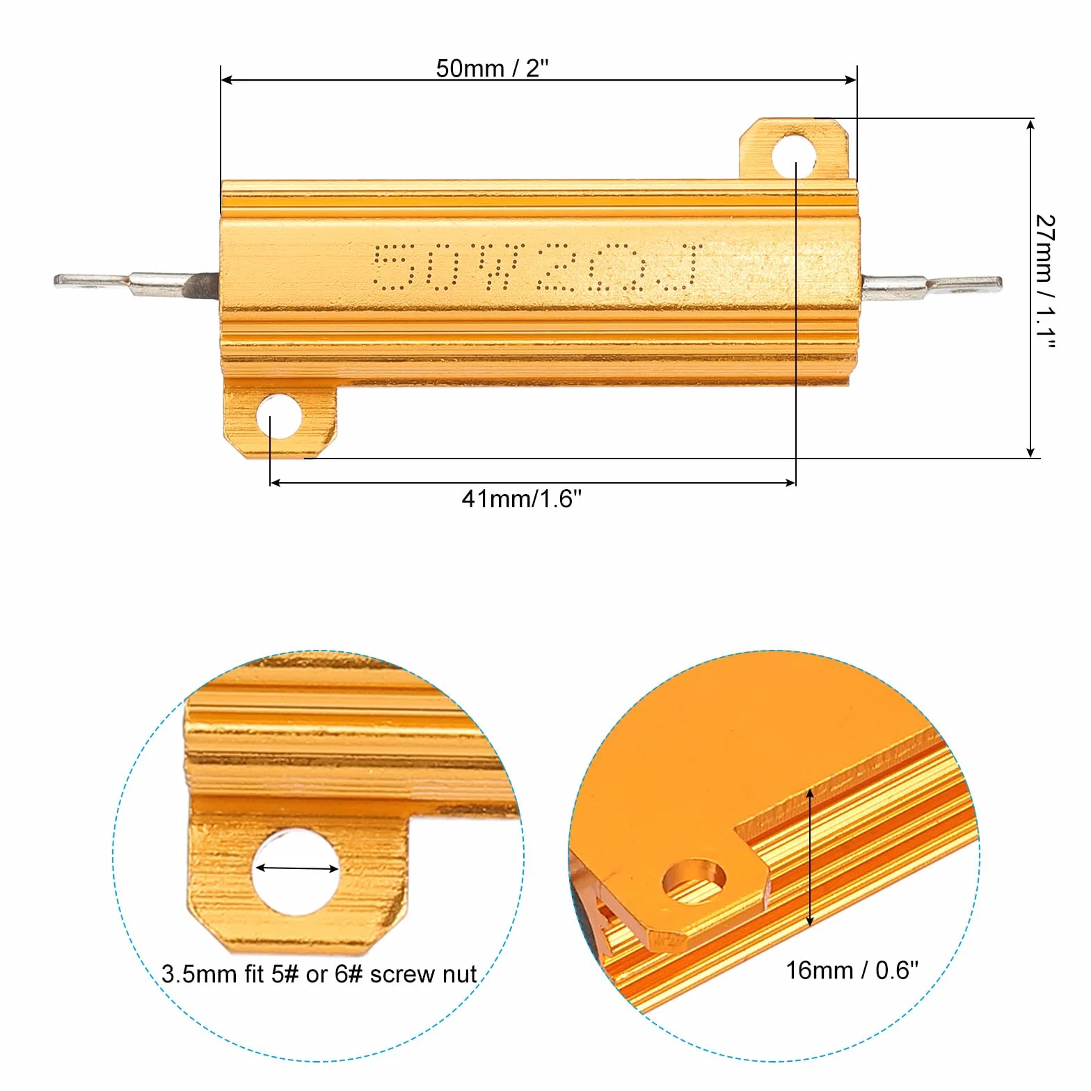 PATIKIL 50 W 2 Ohm Aluminiowy rezystor powłokowy, 5 szt. Aluminiowy rezystor skorupowy Obudowa Obudowa z rezystorami drutowymi owiniętymi śrubami Rezystory mocy 5% tolerancji, złoty