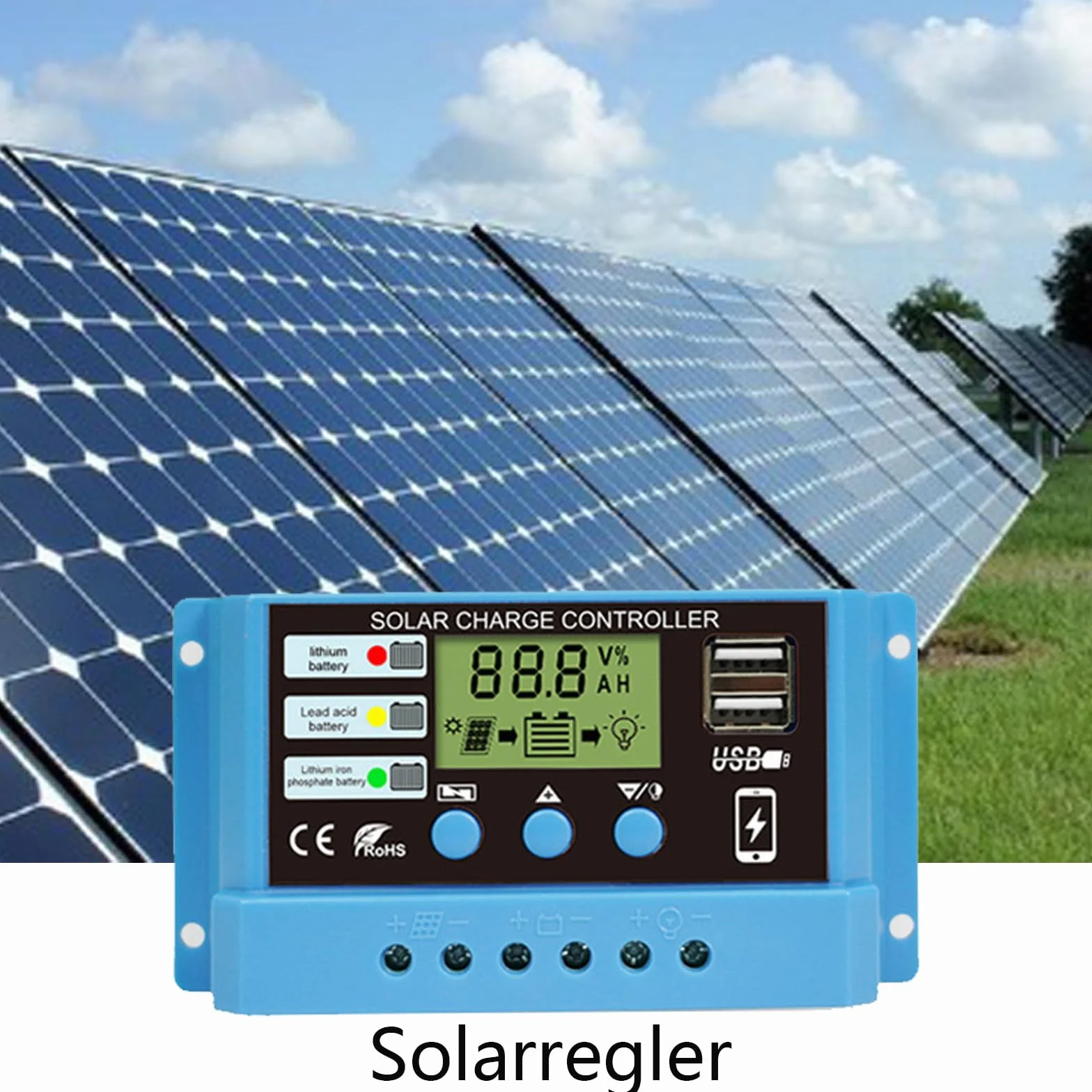 CAM2 Kontroler ładowania słonecznego 30 A, 12/24 V, wyświetlacz LCD, 3-stopniowy PWM, lit/kwasowo-ołowiowy/LiFePO4, ochrona przed przeciążeniem i zwarciem, 2 porty USB